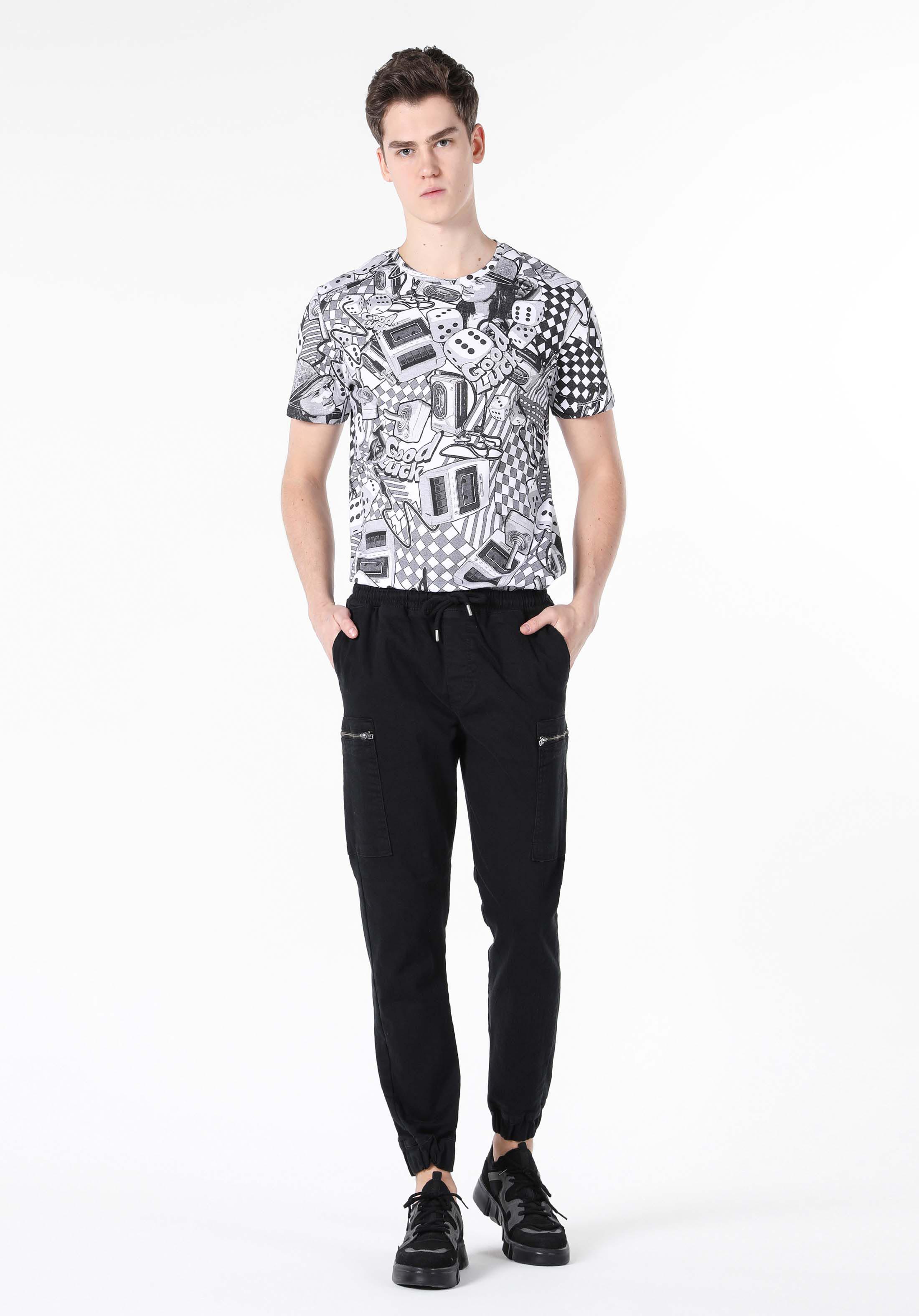 Slim Fit Orta Bel Lastikli Paça Erkek Siyah  Pantolon