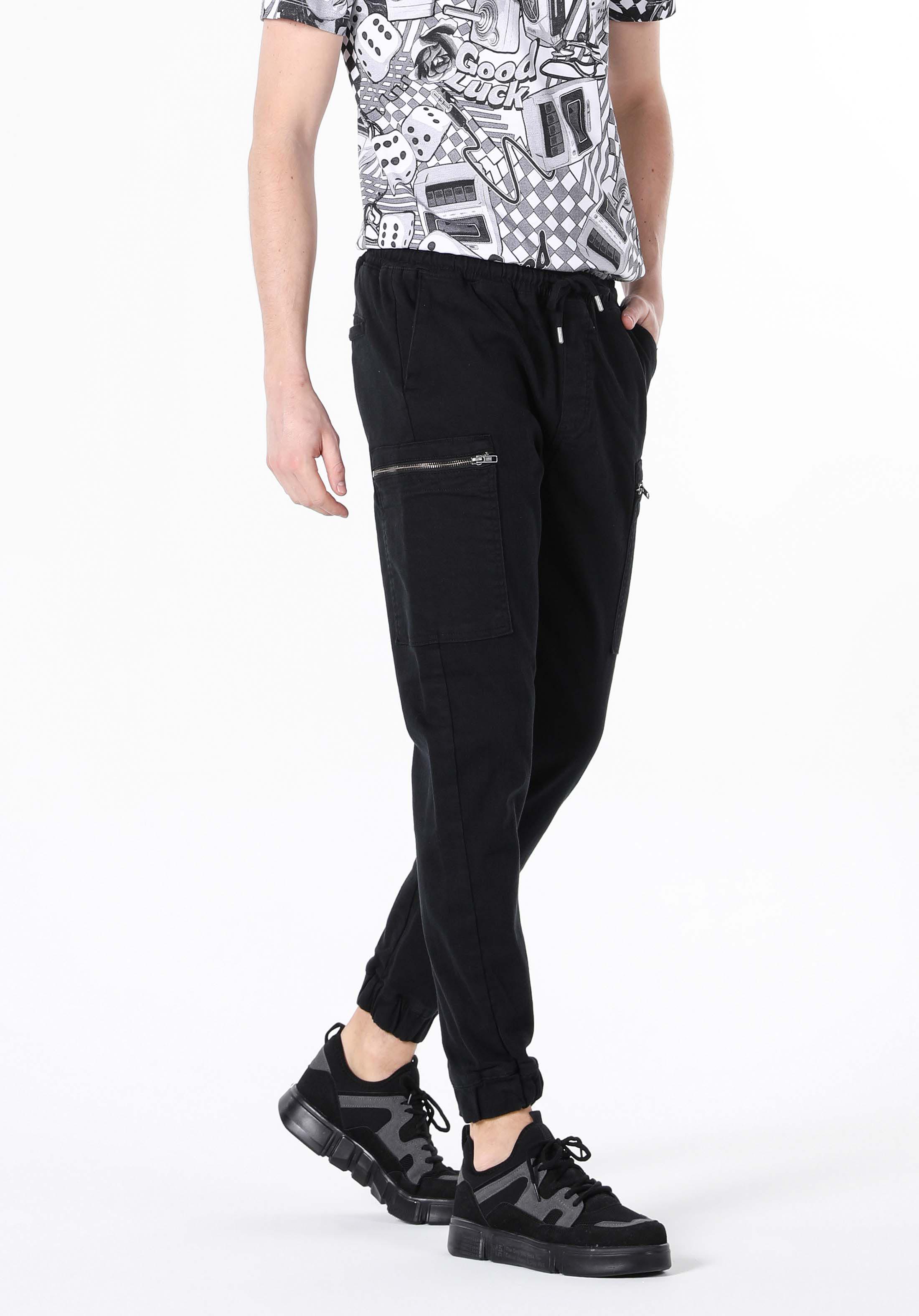 Slim Fit Orta Bel Lastikli Paça Erkek Siyah  Pantolon