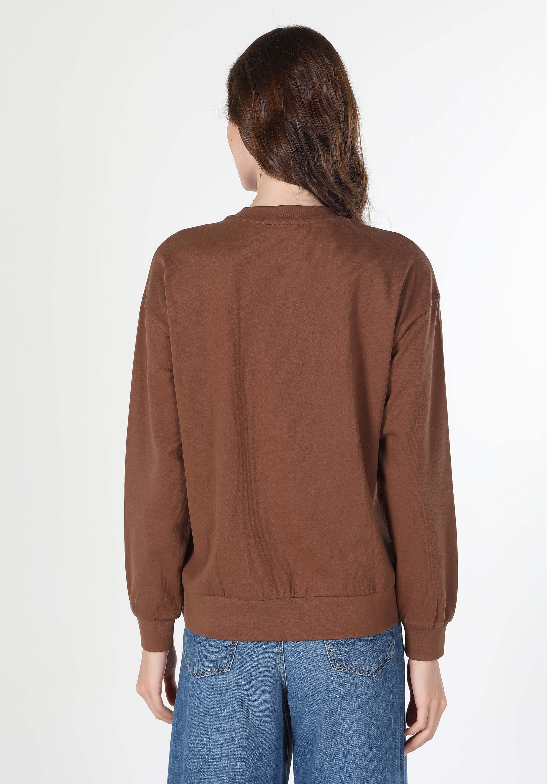 Regular Fit Yuvarlak Yaka Baskılı Kadın Kahverengi Sweatshirt
