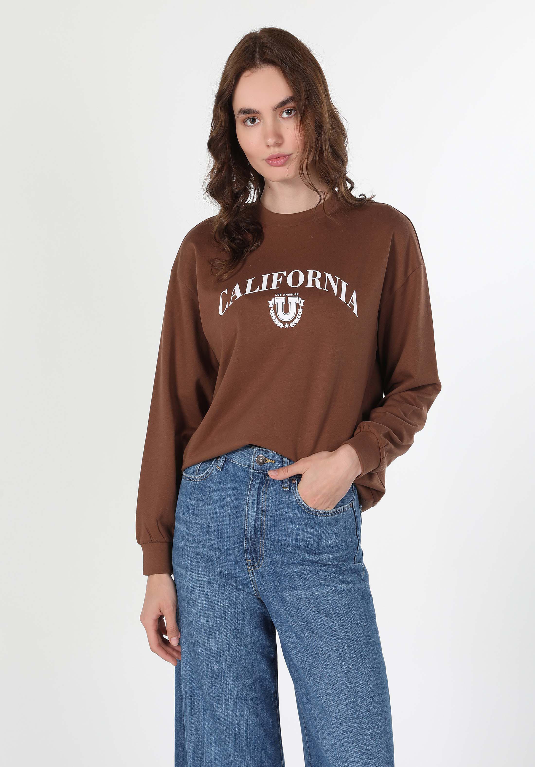 Regular Fit Yuvarlak Yaka Baskılı Kadın Kahverengi Sweatshirt