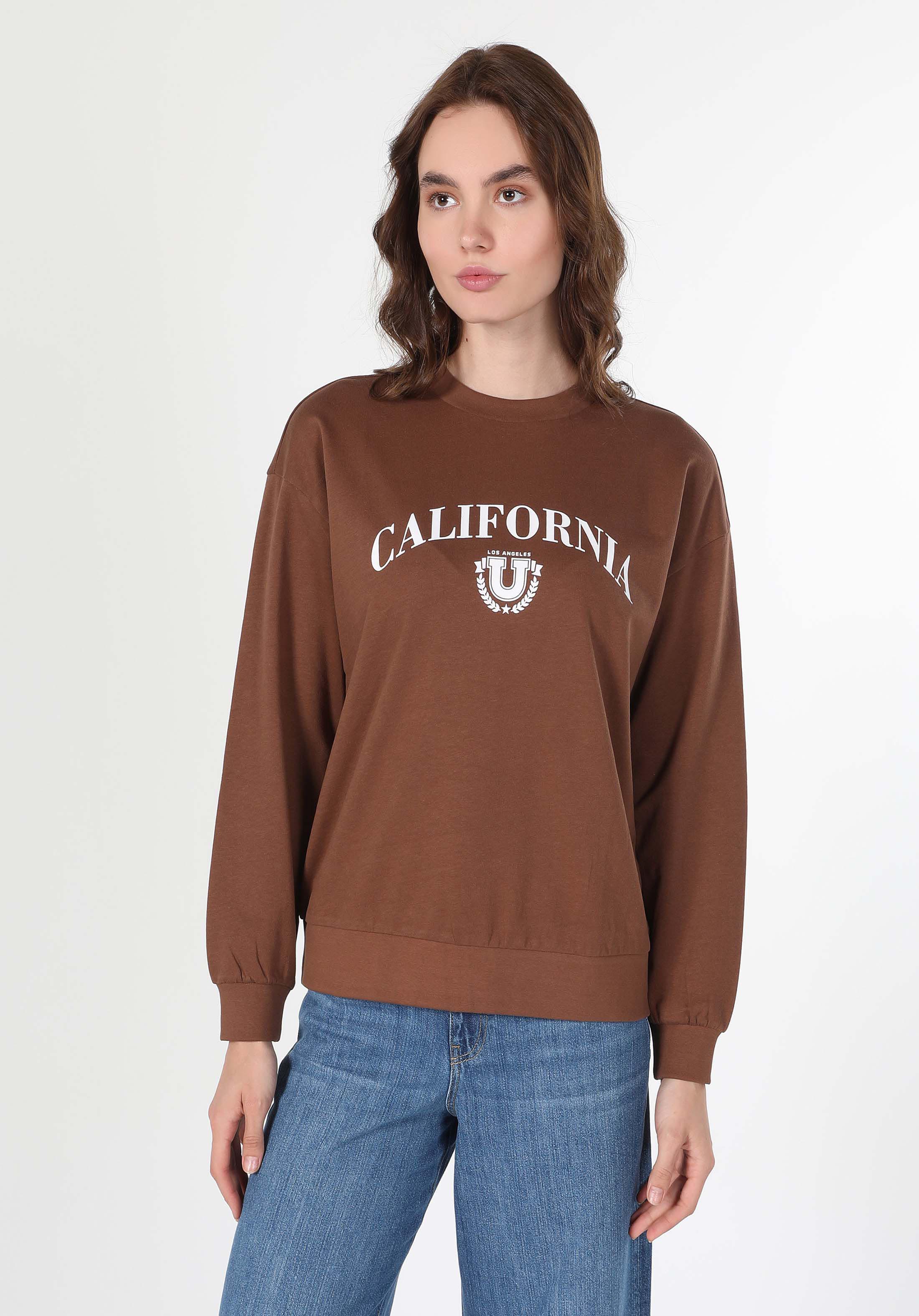 Regular Fit Yuvarlak Yaka Baskılı Kadın Kahverengi Sweatshirt
