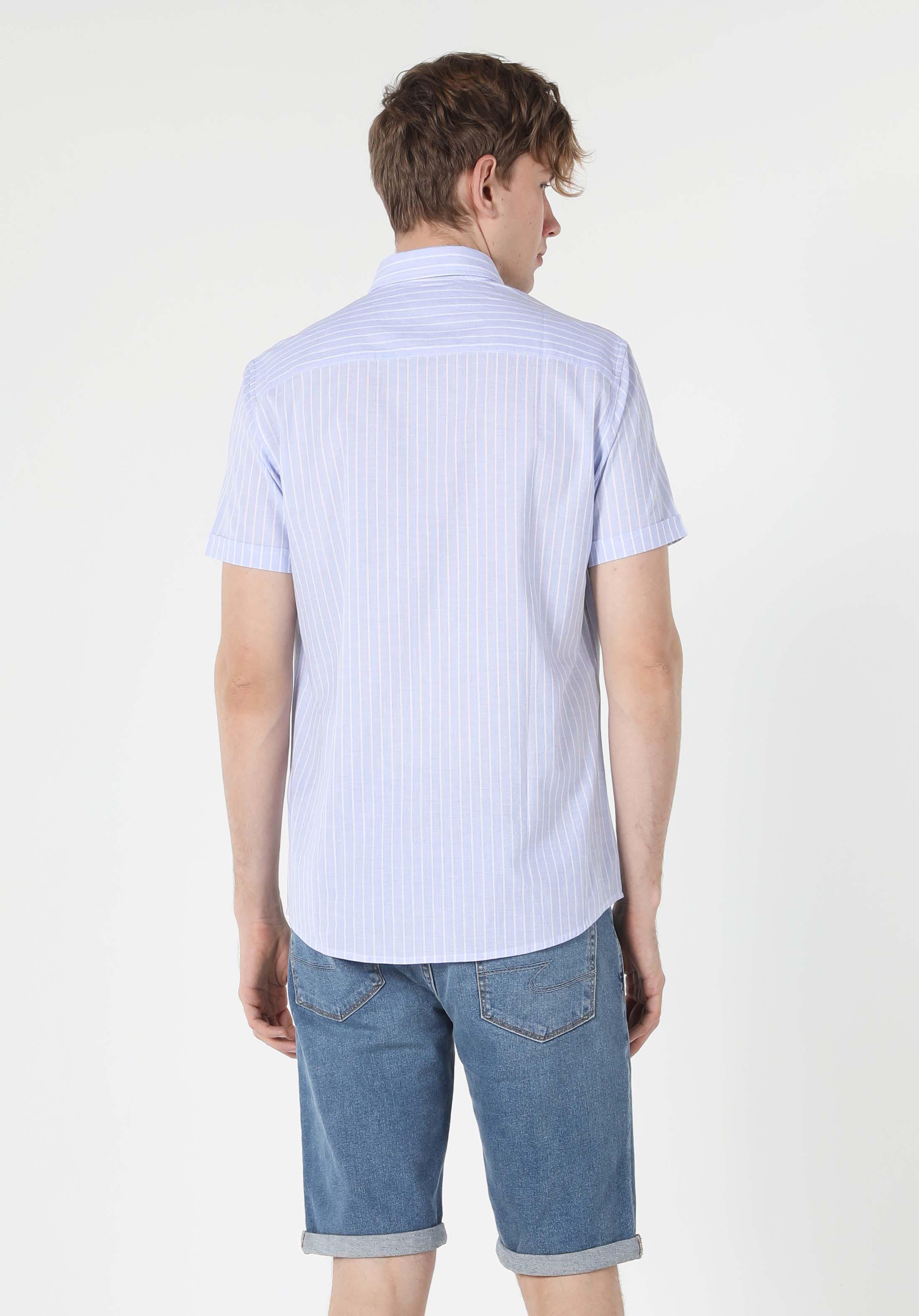 Regular Fit Shirt Neck Çizgili Erkek Mavi Kısa Kol Gömlek