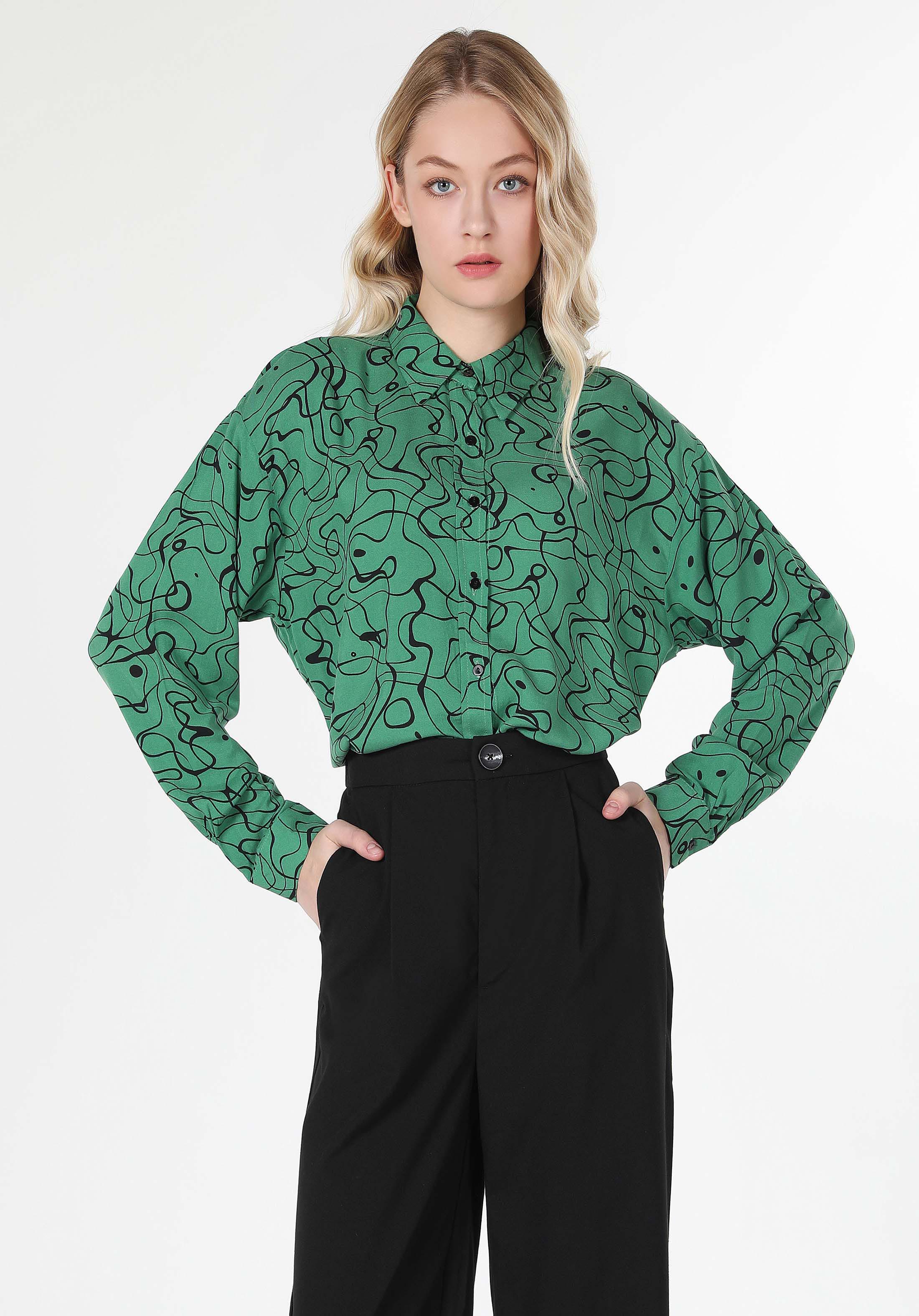 Regular Fit Shirt Neck Baskılı Kadın Çok Renkli Uzun Kol Gömlek