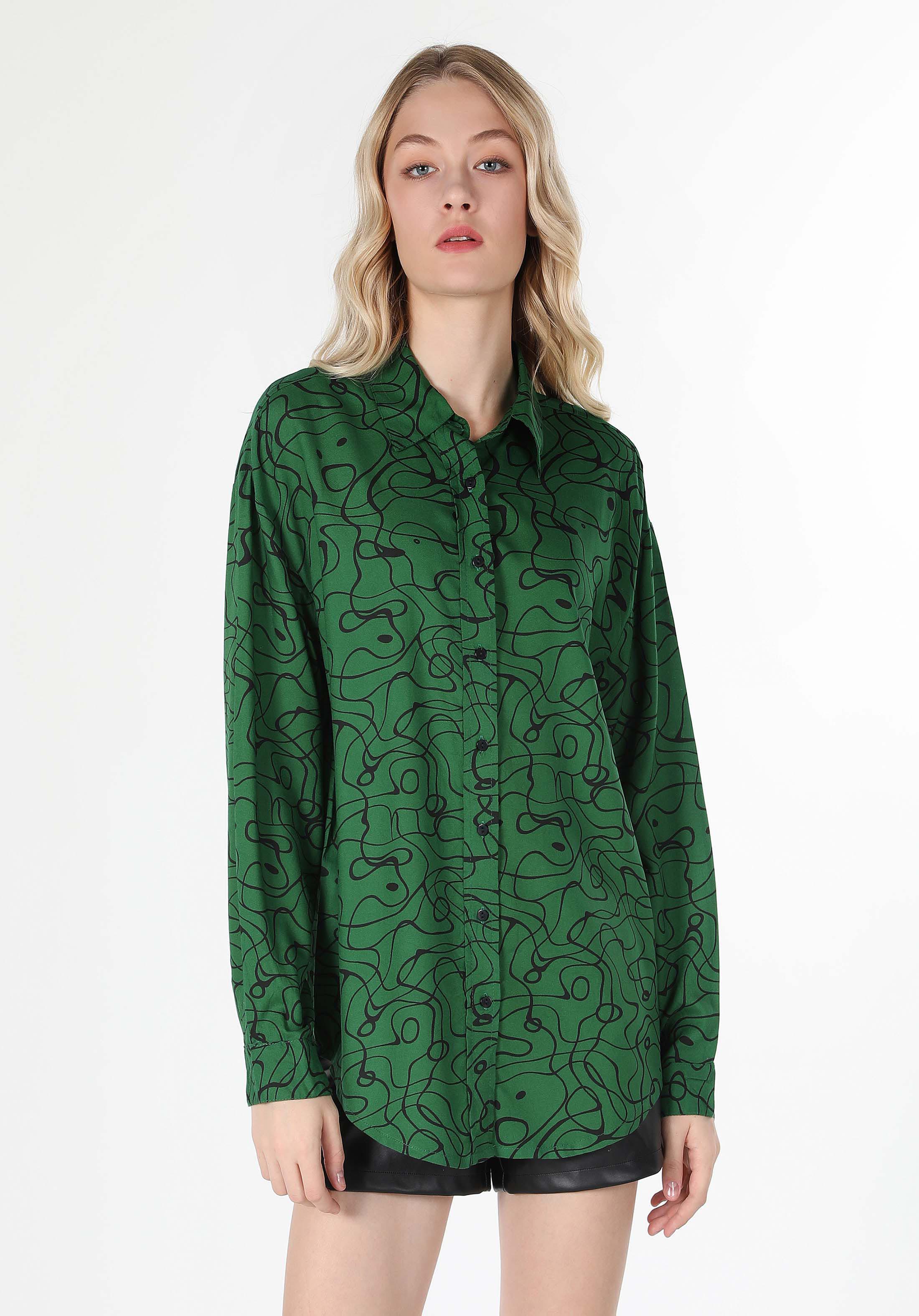 Regular Fit Shirt Neck Baskılı Kadın Çok Renkli Uzun Kol Gömlek