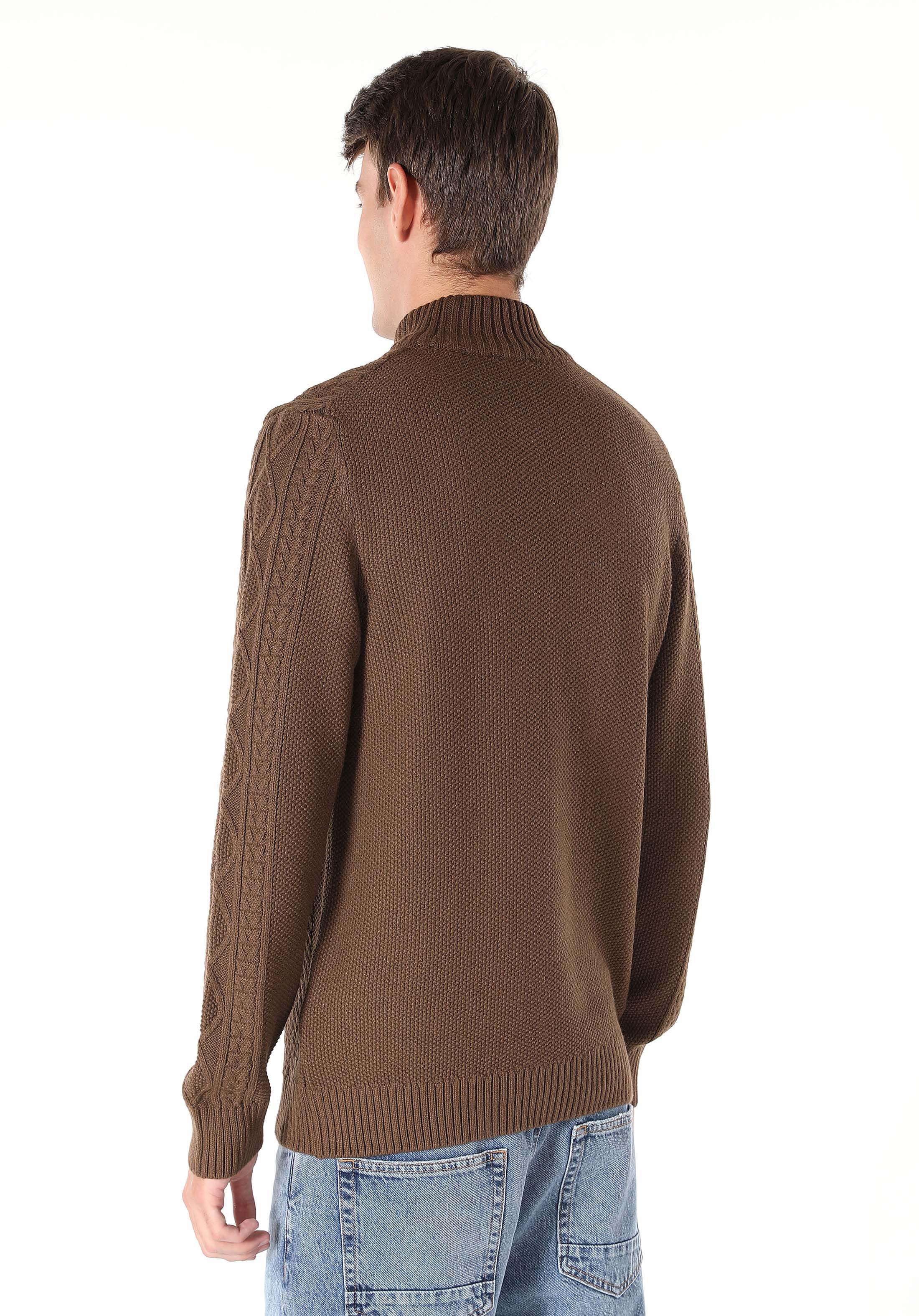 Regular Fit High Neck Jakarlı Erkek Kahverengi Kazak