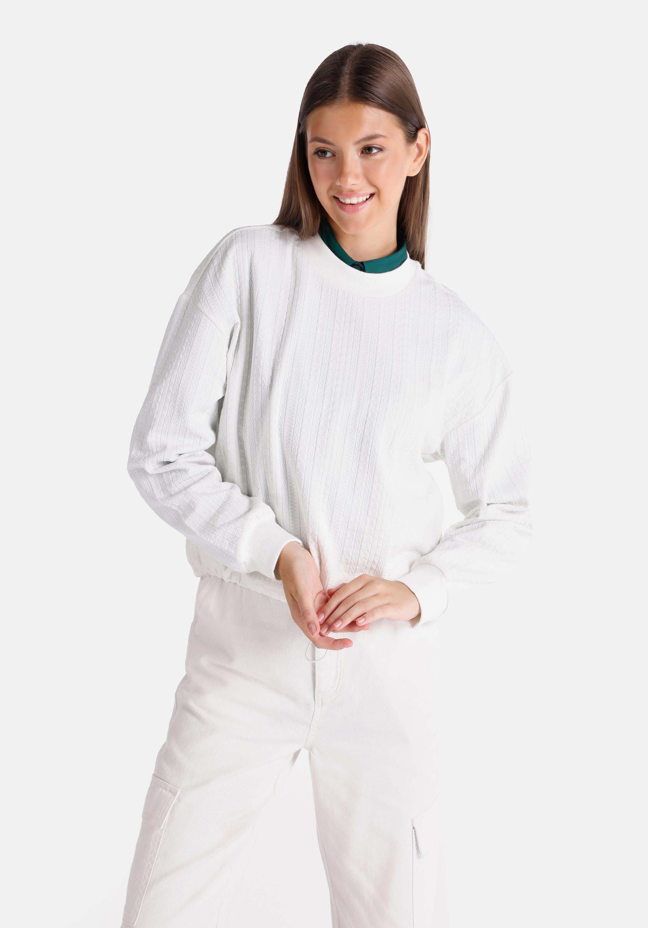 Regular Fit Yuvarlak Yaka Jakarlı Kadın Beyaz Uzun Kol Tişört