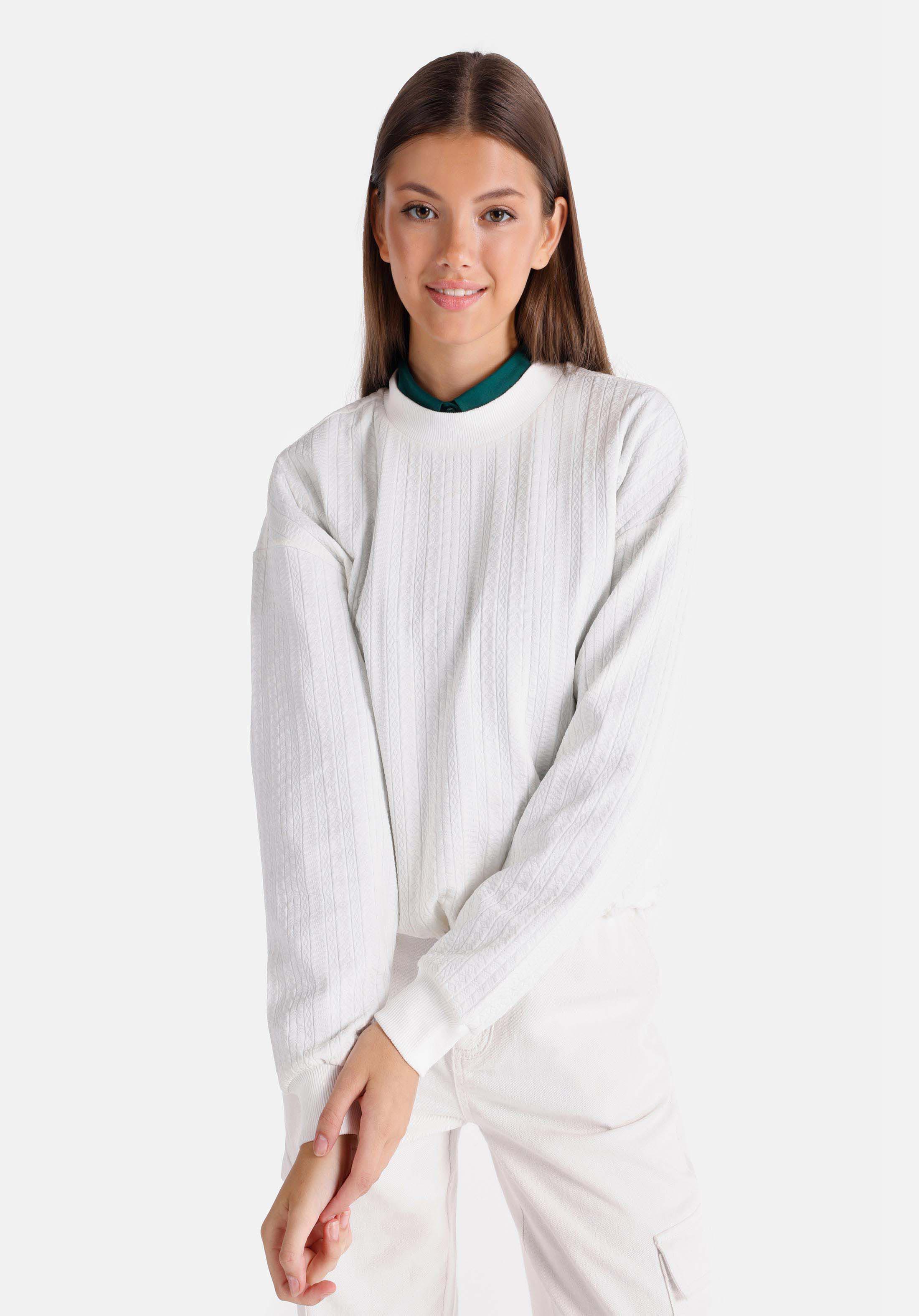 Regular Fit Yuvarlak Yaka Jakarlı Kadın Beyaz Uzun Kol Tişört