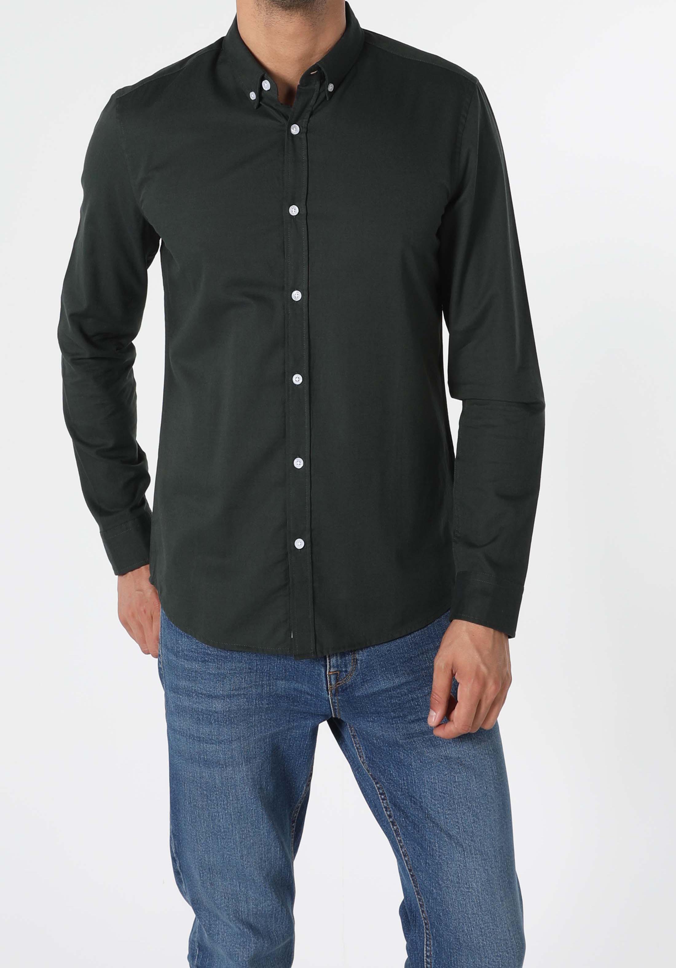 Slim Fit Shirt Neck Düz Erkek Yeşil Uzun Kol Gömlek