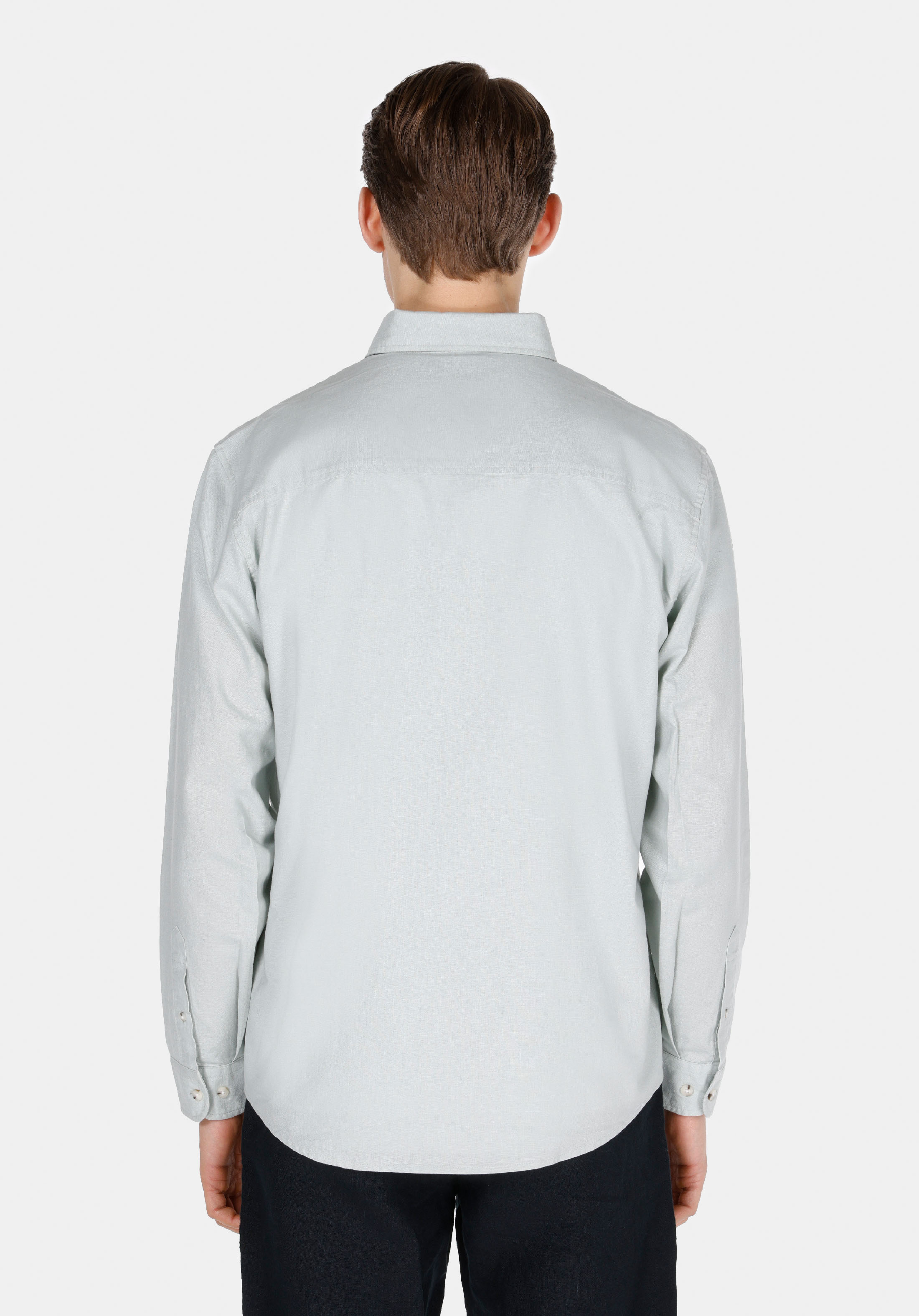 Regular Fit Shirt Neck Düz Erkek Keten Karışımlı Yeşil Uzun Kol Gömlek
