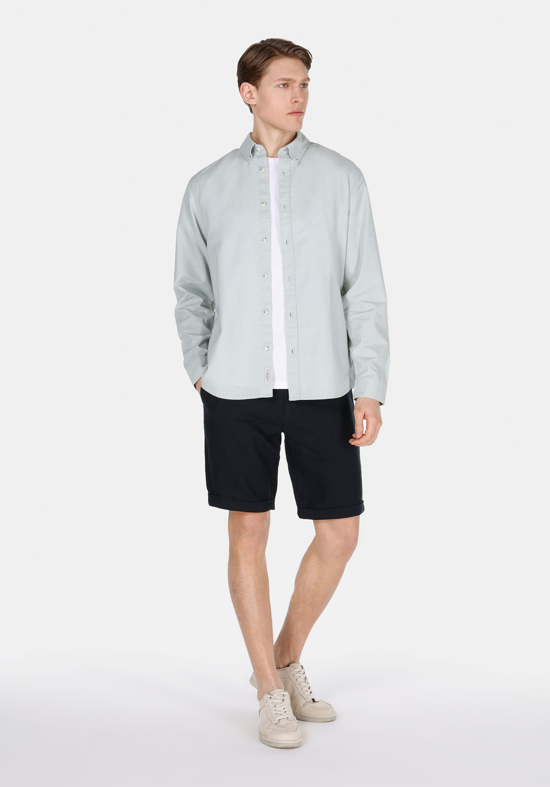 Regular Fit Shirt Neck Düz Erkek Keten Karışımlı Yeşil Uzun Kol Gömlek