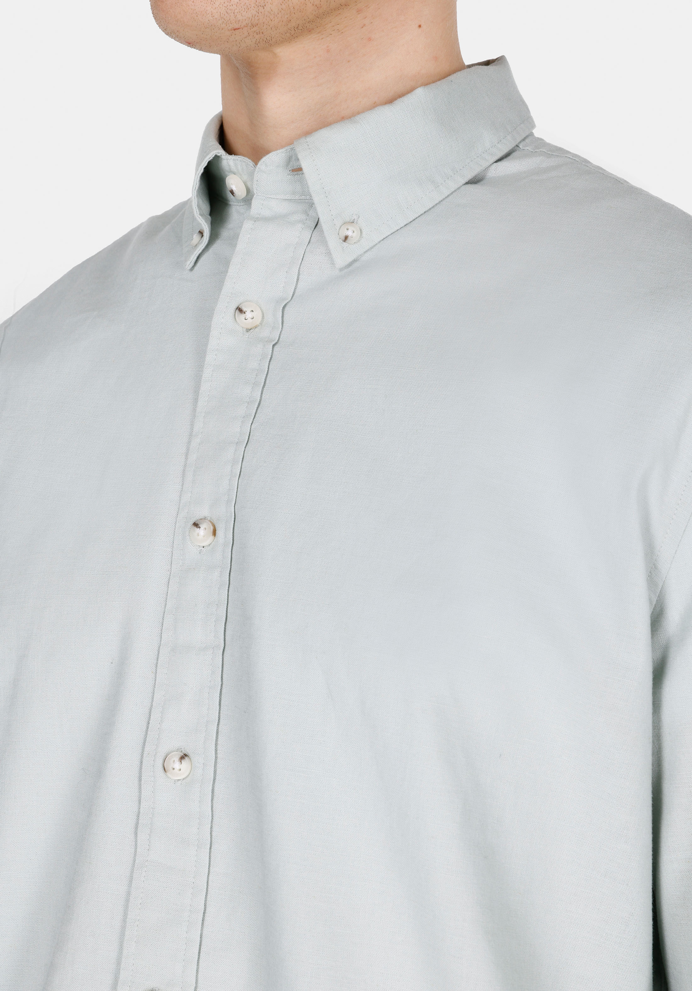 Regular Fit Shirt Neck Düz Erkek Keten Karışımlı Yeşil Uzun Kol Gömlek
