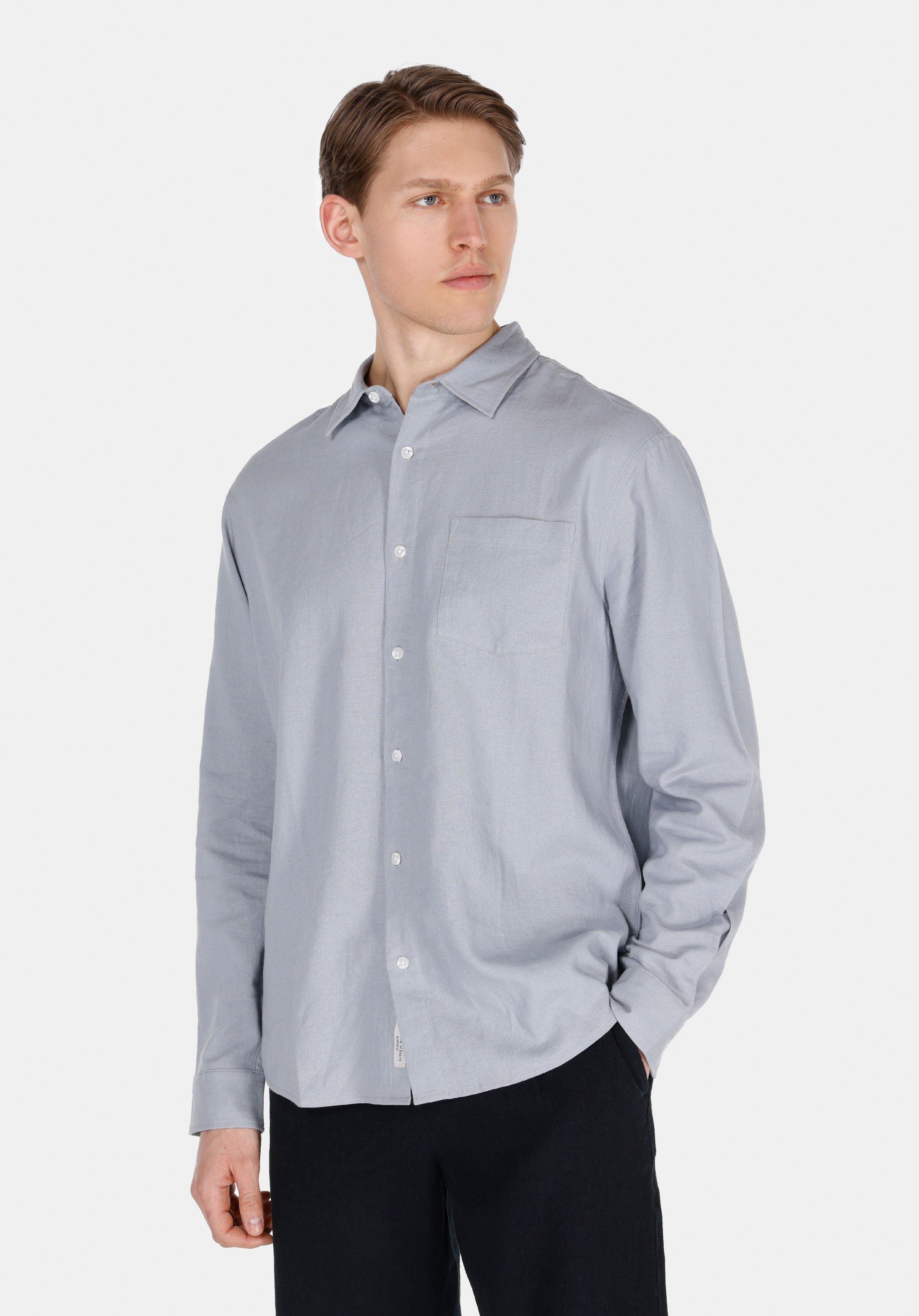 Relaxed Fit Shirt Neck Düz Erkek Keten Karışımlı Gri Uzun Kol Gömlek