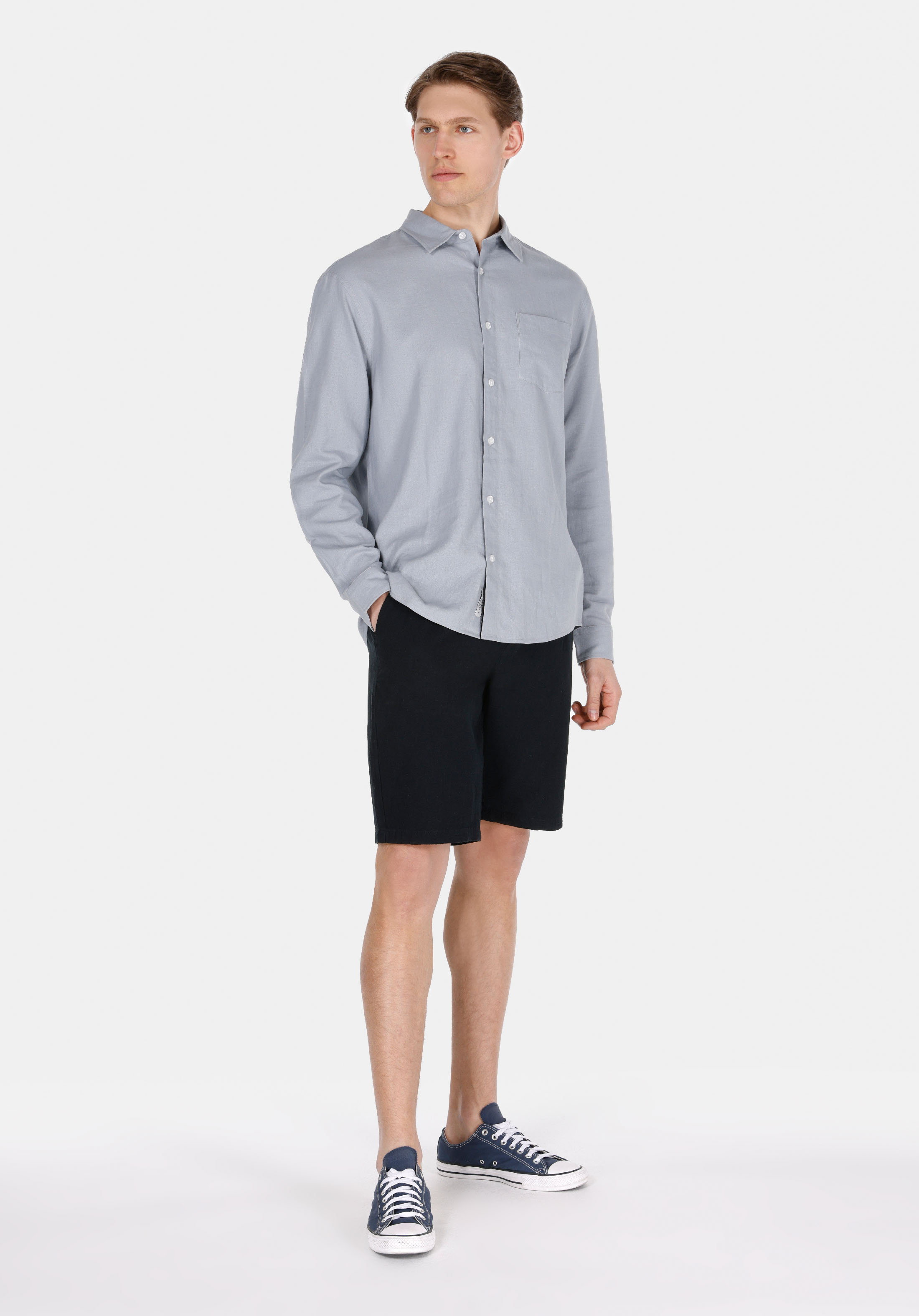 Relaxed Fit Shirt Neck Düz Erkek Keten Karışımlı Gri Uzun Kol Gömlek