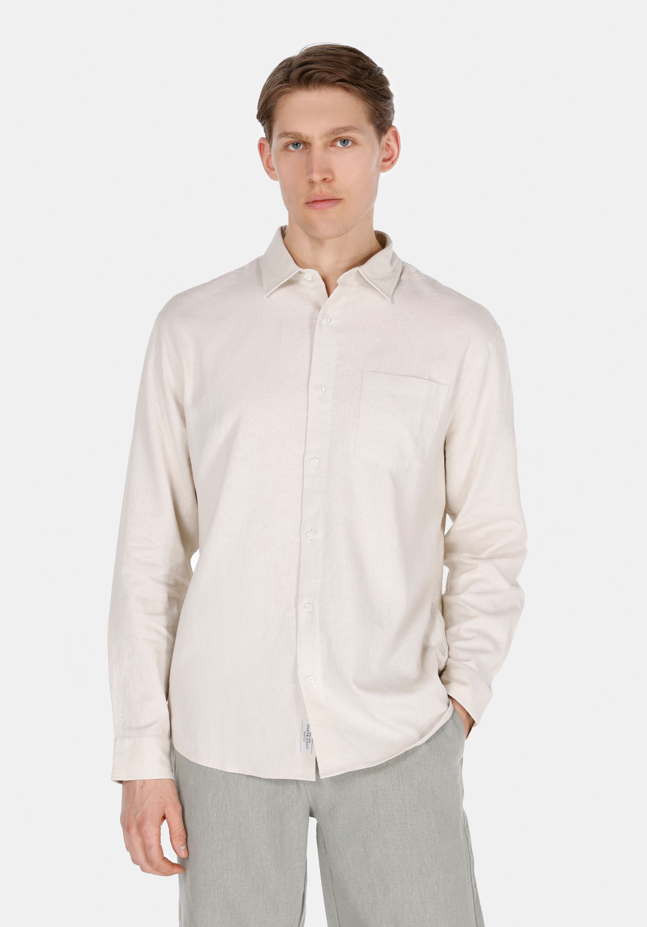 Relaxed Fit Shirt Neck Düz Erkek Keten Karışımlı Bej Uzun Kol Gömlek