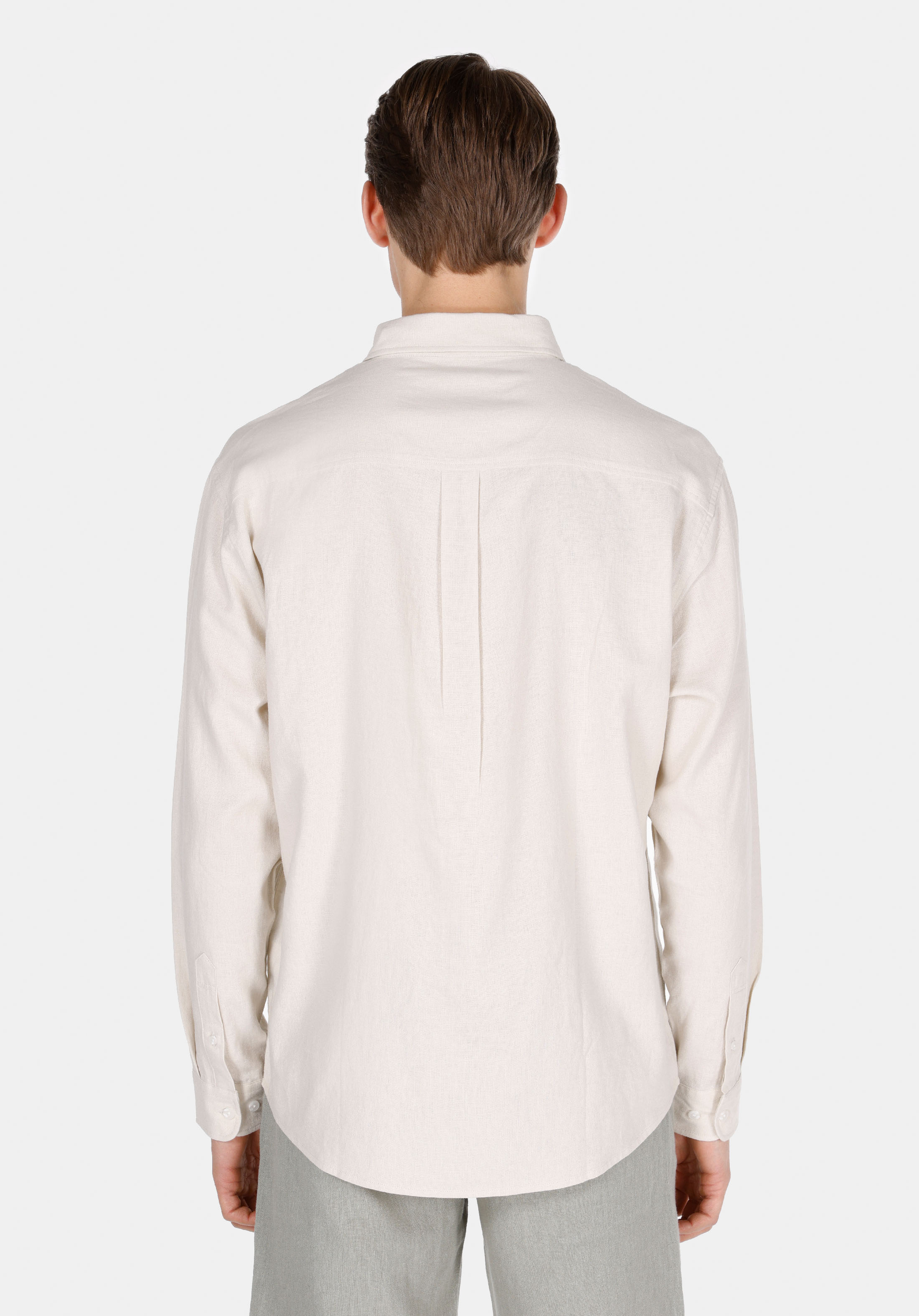 Relaxed Fit Shirt Neck Düz Erkek Keten Karışımlı Bej Uzun Kol Gömlek
