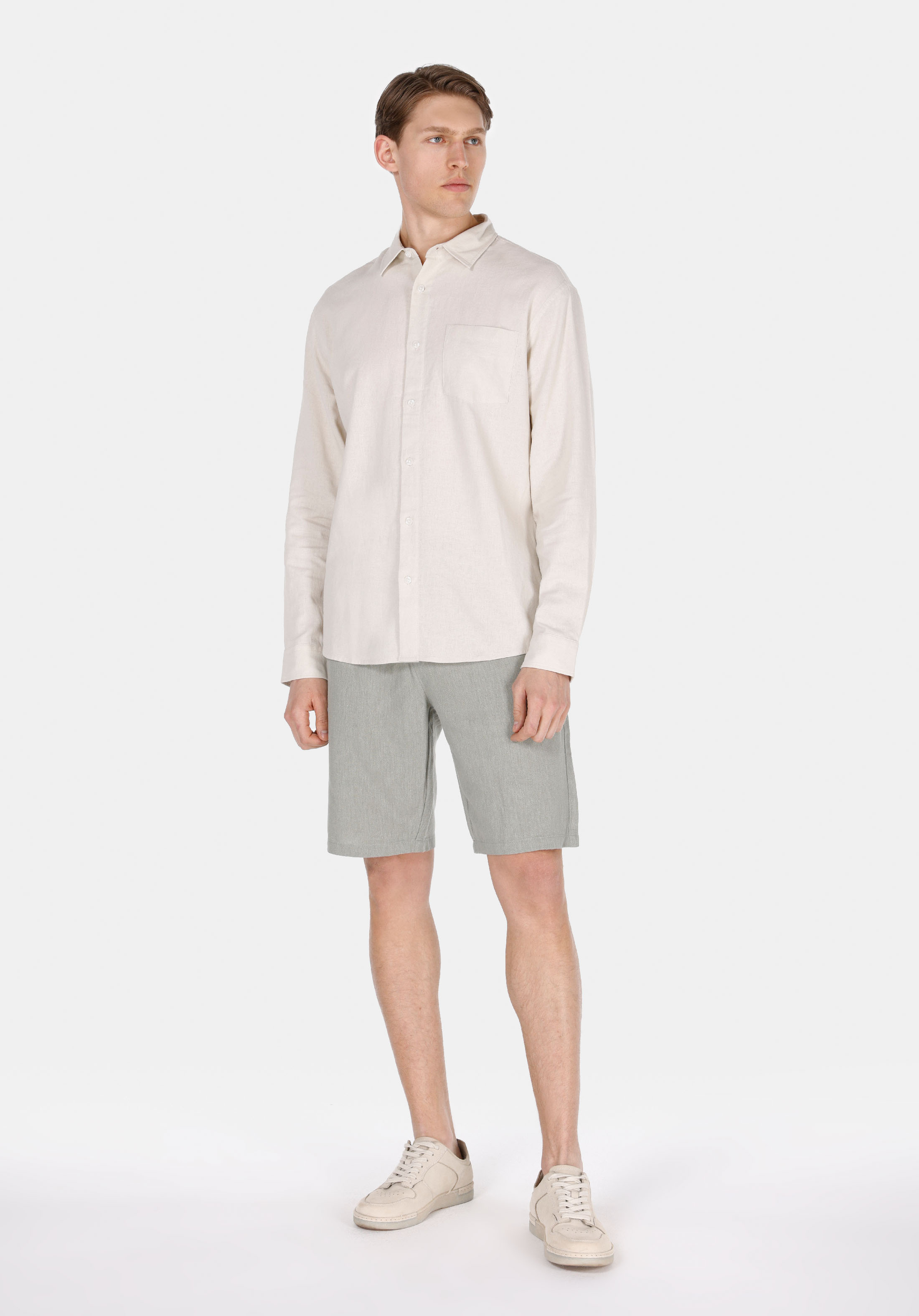 Relaxed Fit Shirt Neck Düz Erkek Keten Karışımlı Bej Uzun Kol Gömlek
