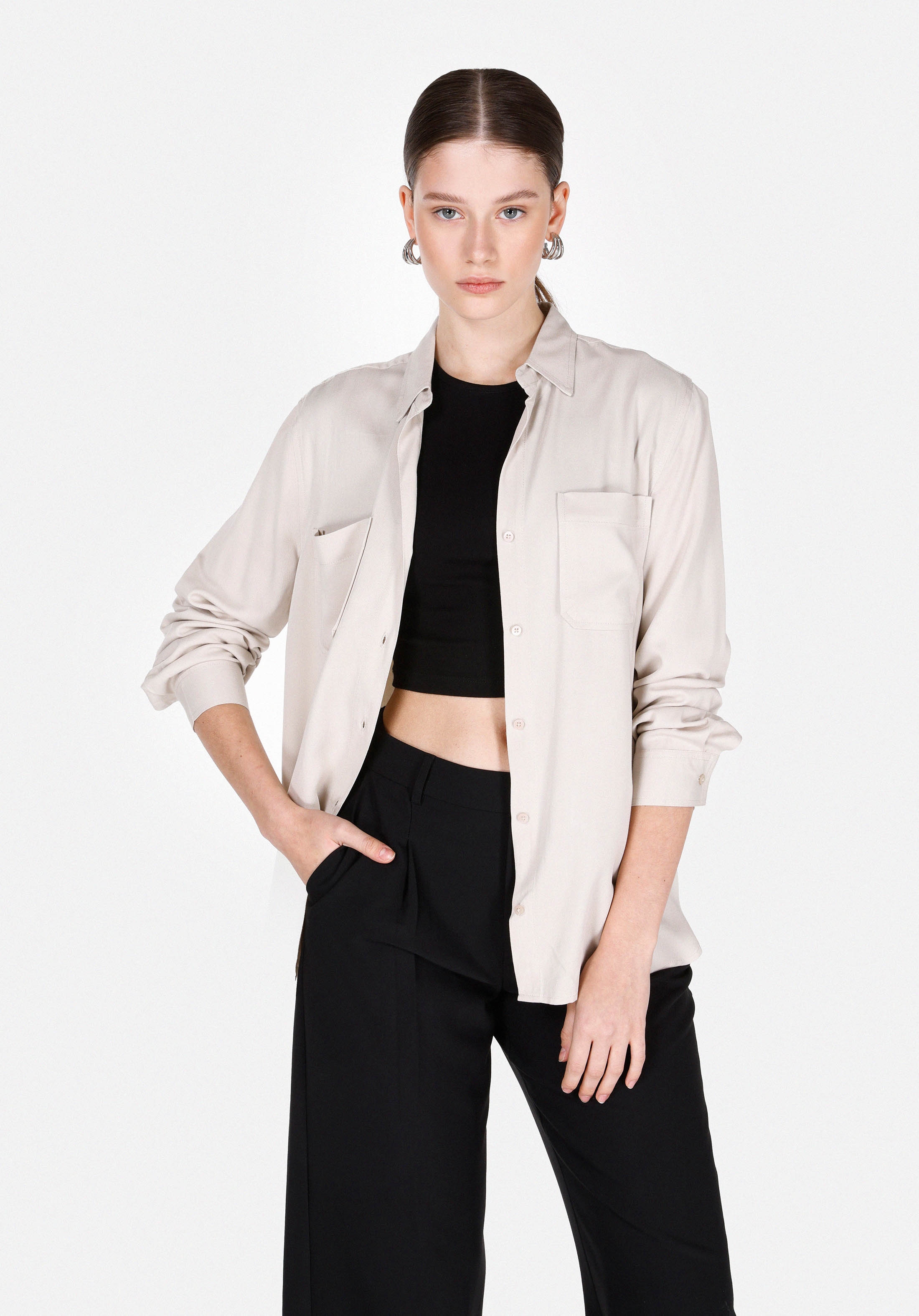 Regular Fit Shirt Neck Düz Kadın Vizon Roll-up Gömlek