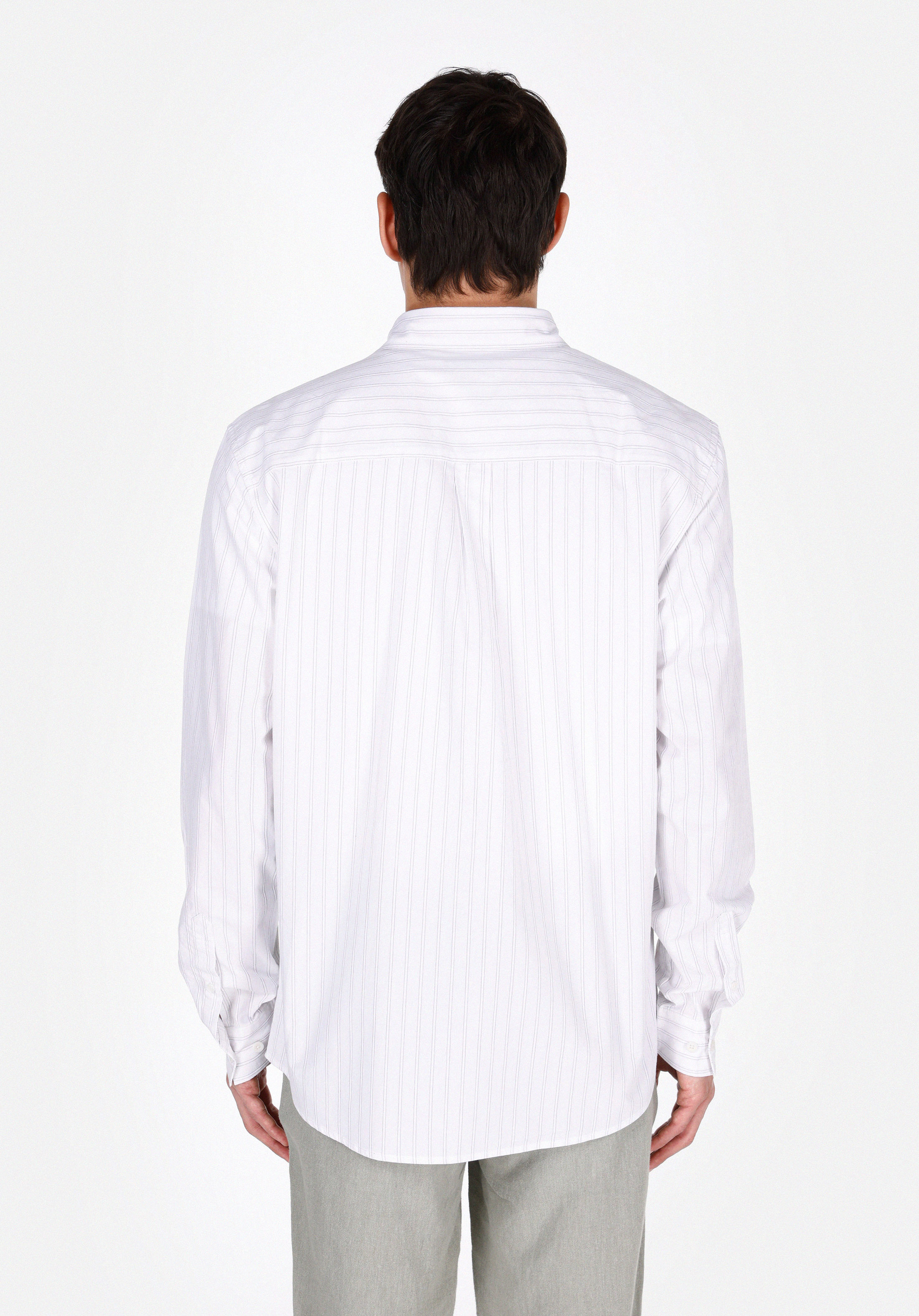 Comfort Fit Shirt Neck Çizgili Erkek Beyaz Uzun Kol Gömlek
