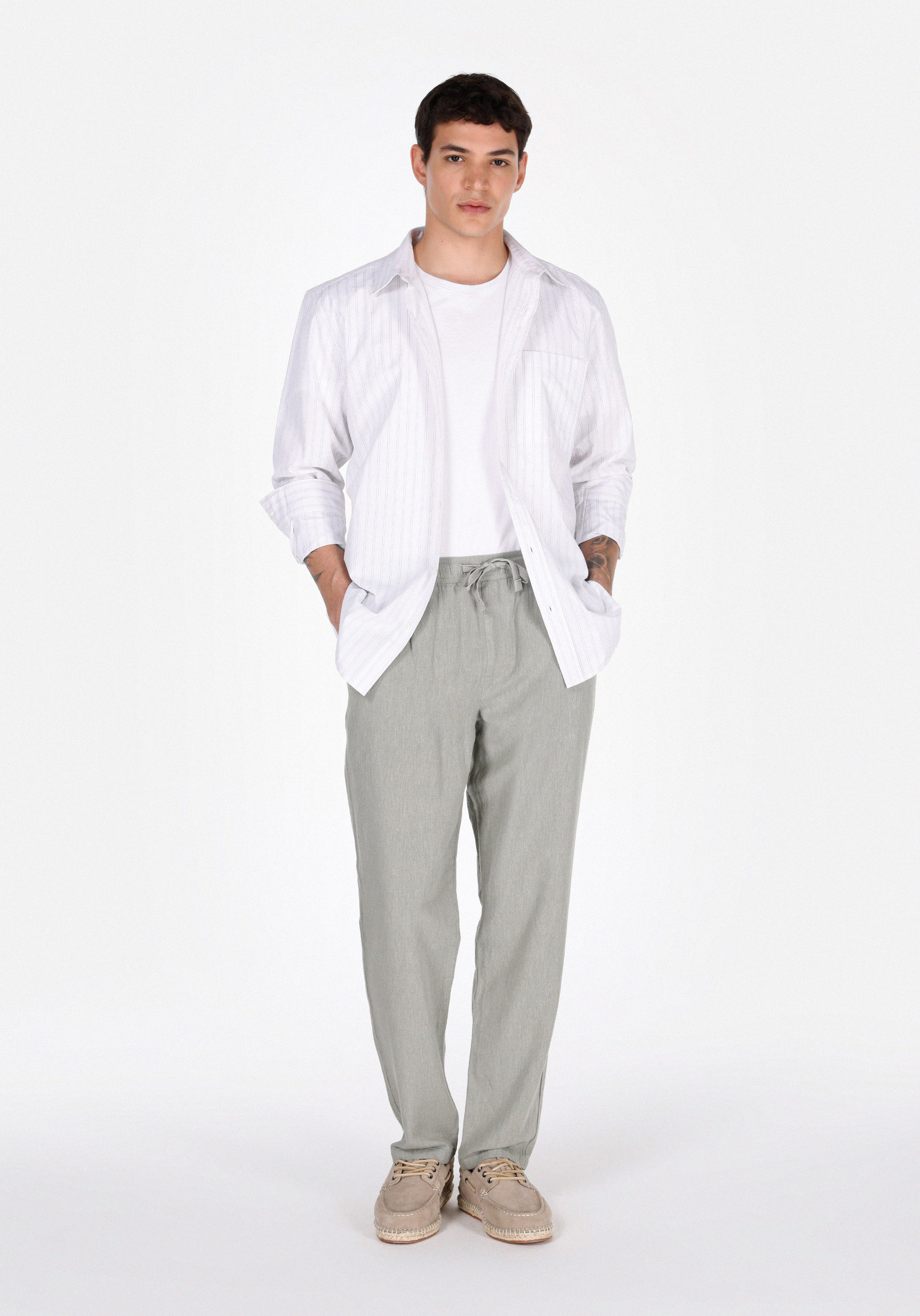 Comfort Fit Shirt Neck Çizgili Erkek Beyaz Uzun Kol Gömlek