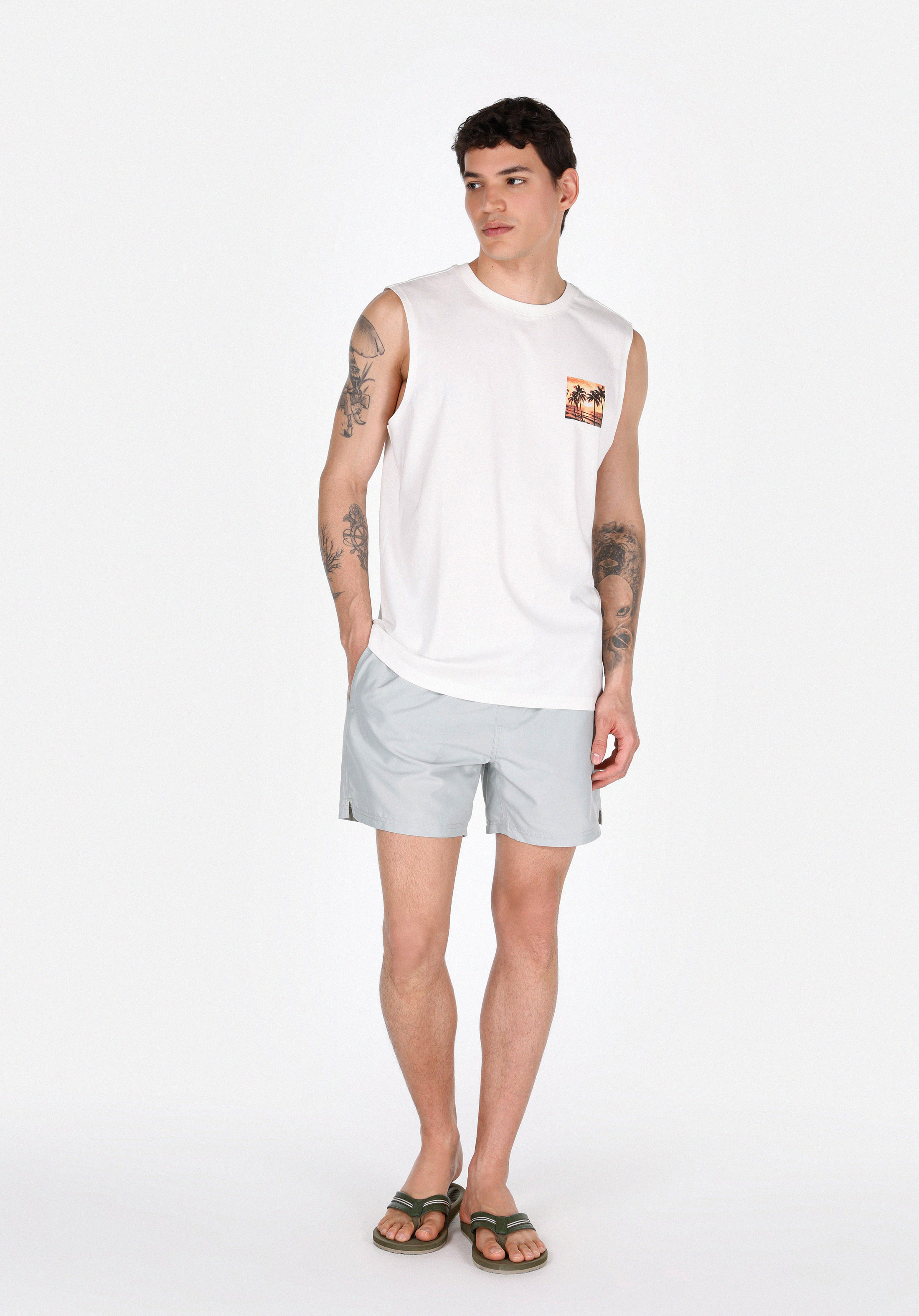 Slim Fit Düz Erkek Yeşil Deniz Şortu