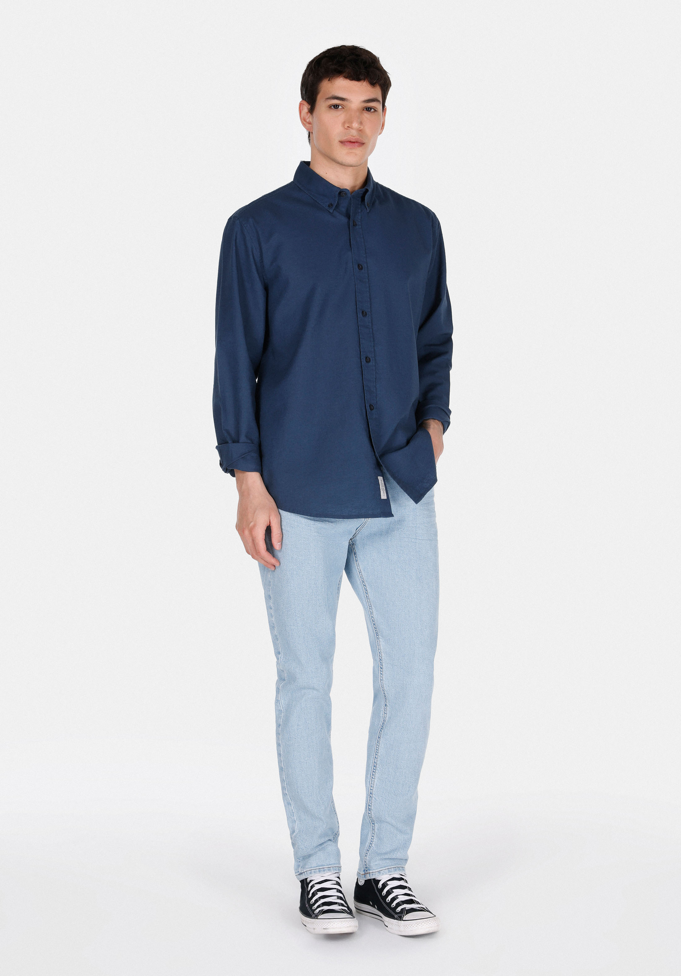 Regular Fit Shirt Neck Düz Erkek Keten Karışımlı Lacivert Uzun Kol Gömlek