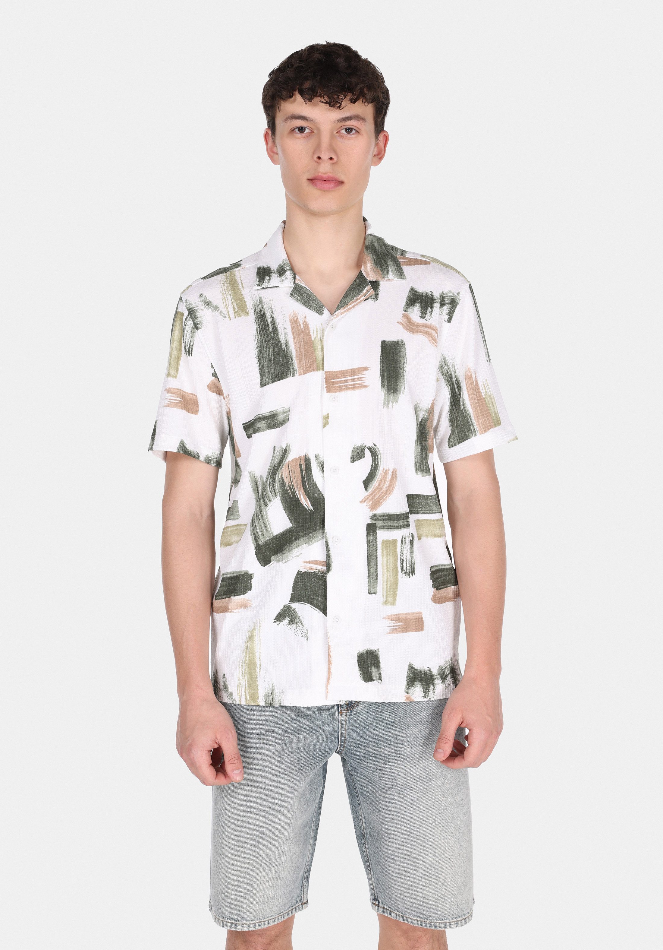 Regular Fit Shirt Neck Baskılı Erkek Yeşil Kısa Kol Gömlek