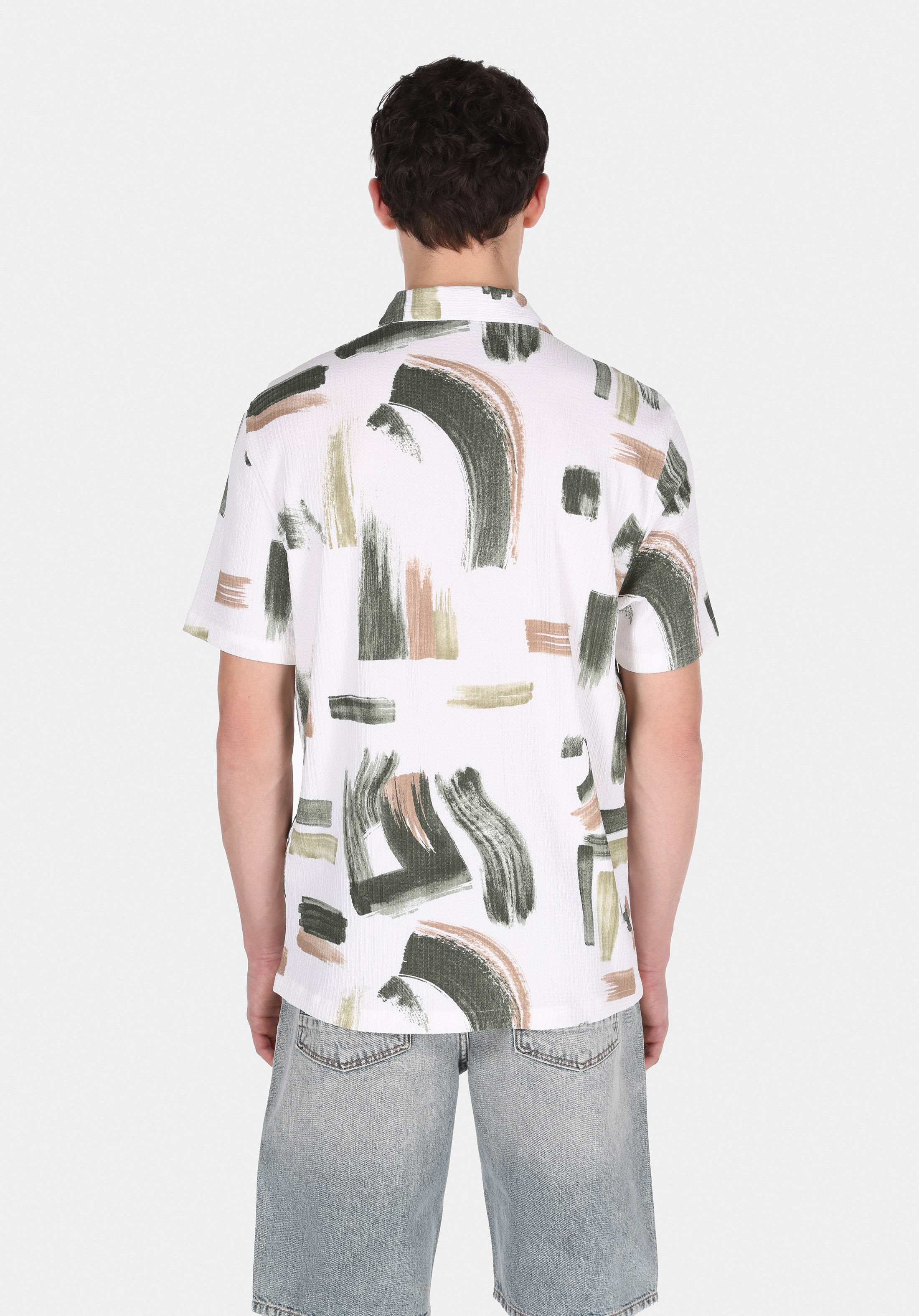 Regular Fit Shirt Neck Baskılı Erkek Yeşil Kısa Kol Gömlek