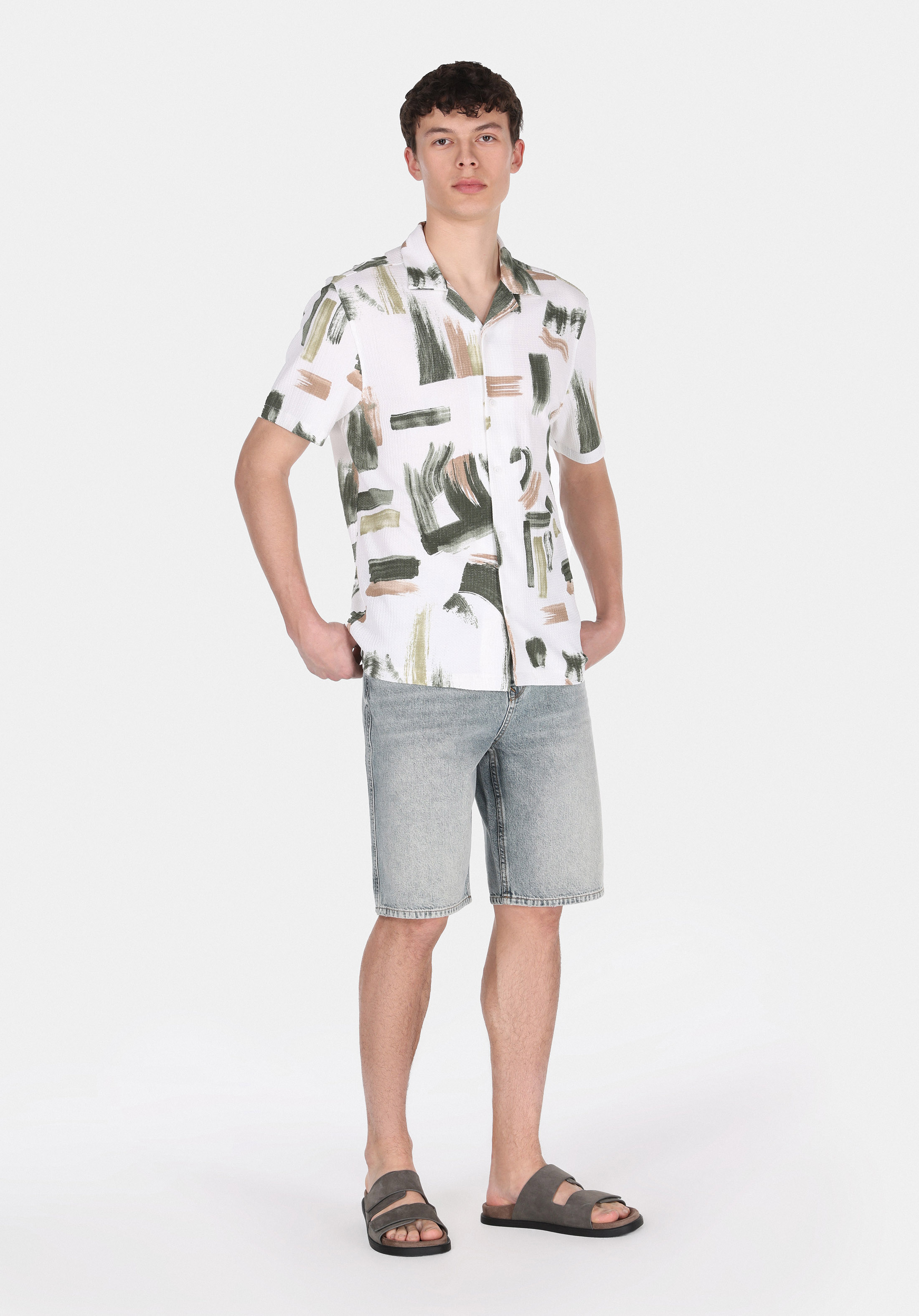 Regular Fit Shirt Neck Baskılı Erkek Yeşil Kısa Kol Gömlek