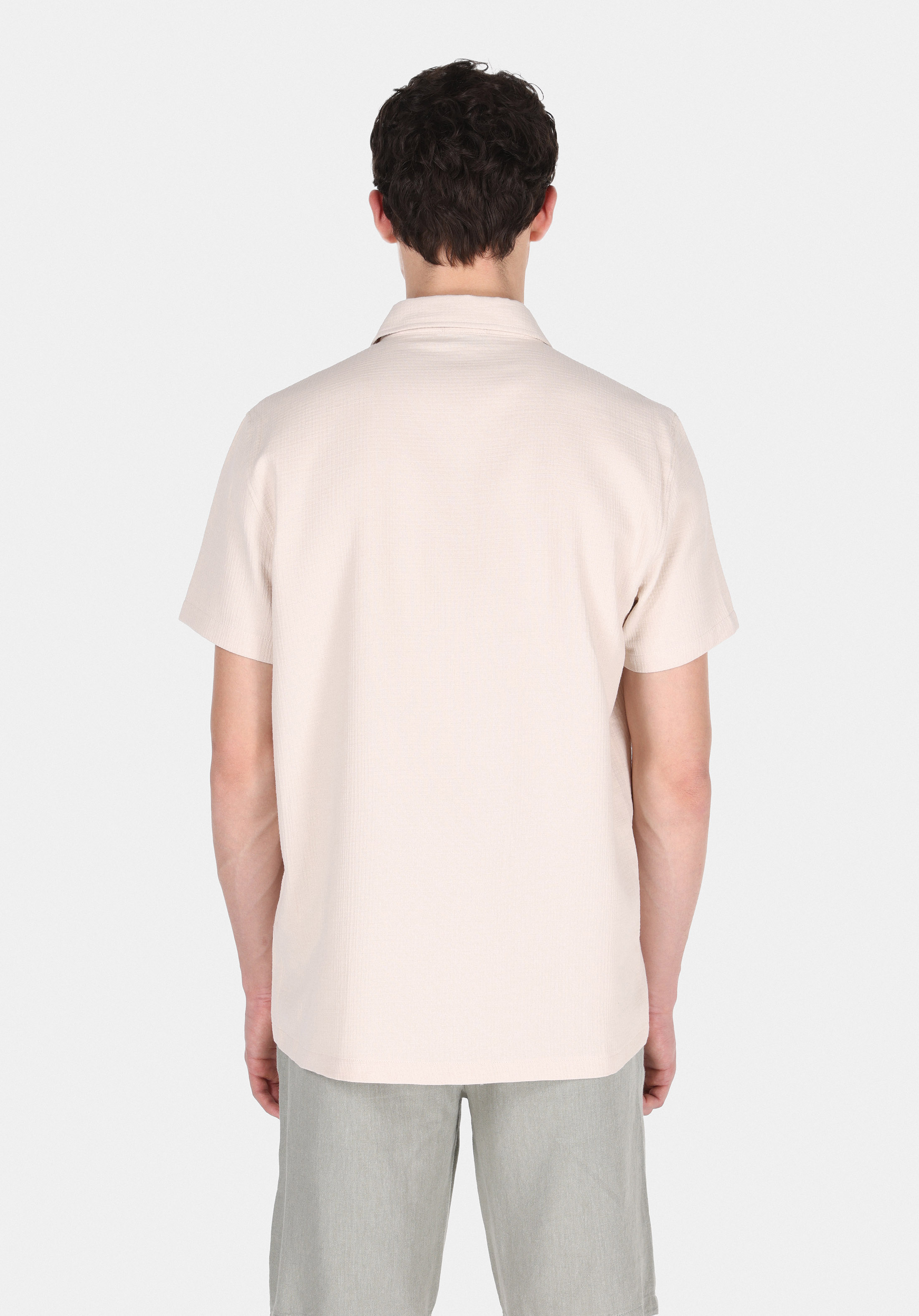 Regular Fit Shirt Neck Düz Erkek Bej Kısa Kol Gömlek