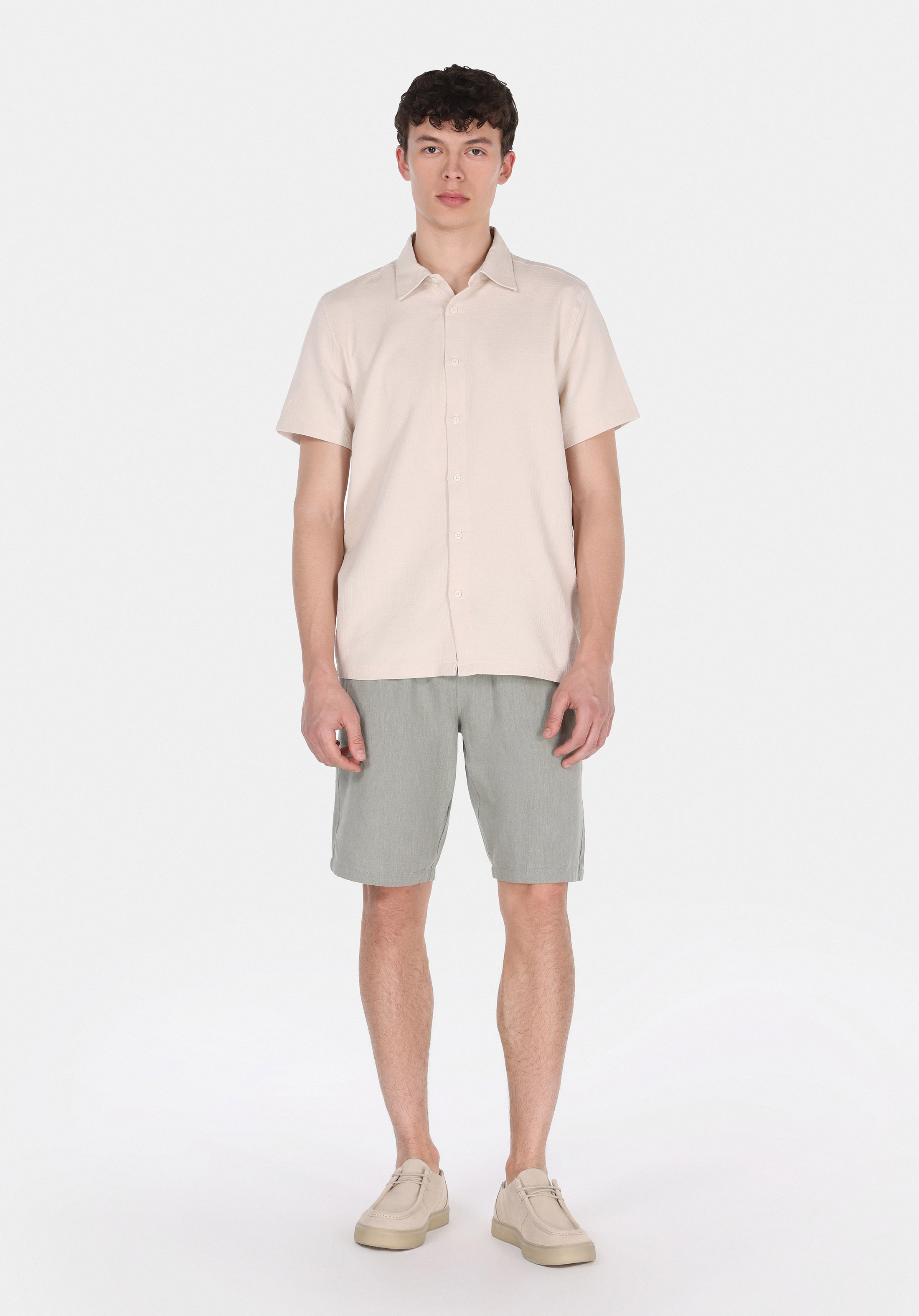 Regular Fit Shirt Neck Düz Erkek Bej Kısa Kol Gömlek