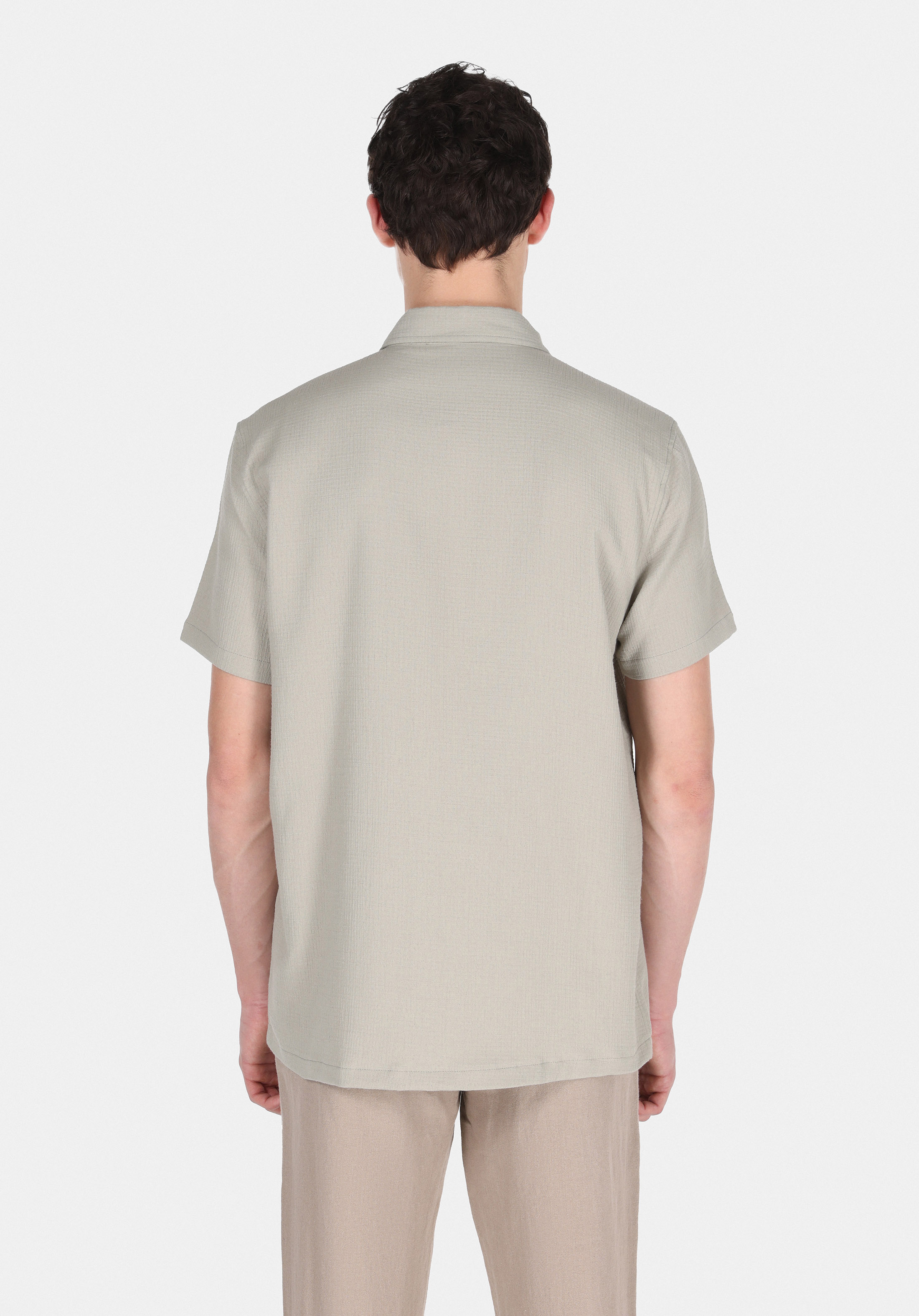 Regular Fit Shirt Neck Düz Erkek Yeşil Kısa Kol Gömlek