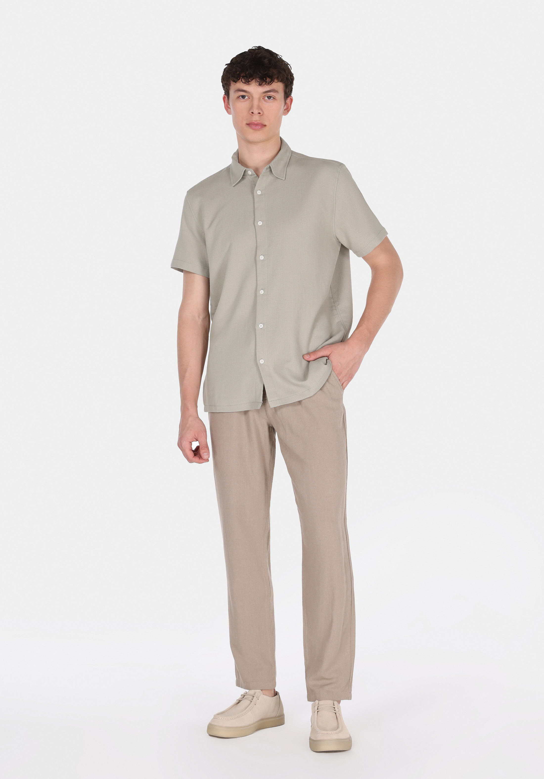 Regular Fit Shirt Neck Düz Erkek Yeşil Kısa Kol Gömlek