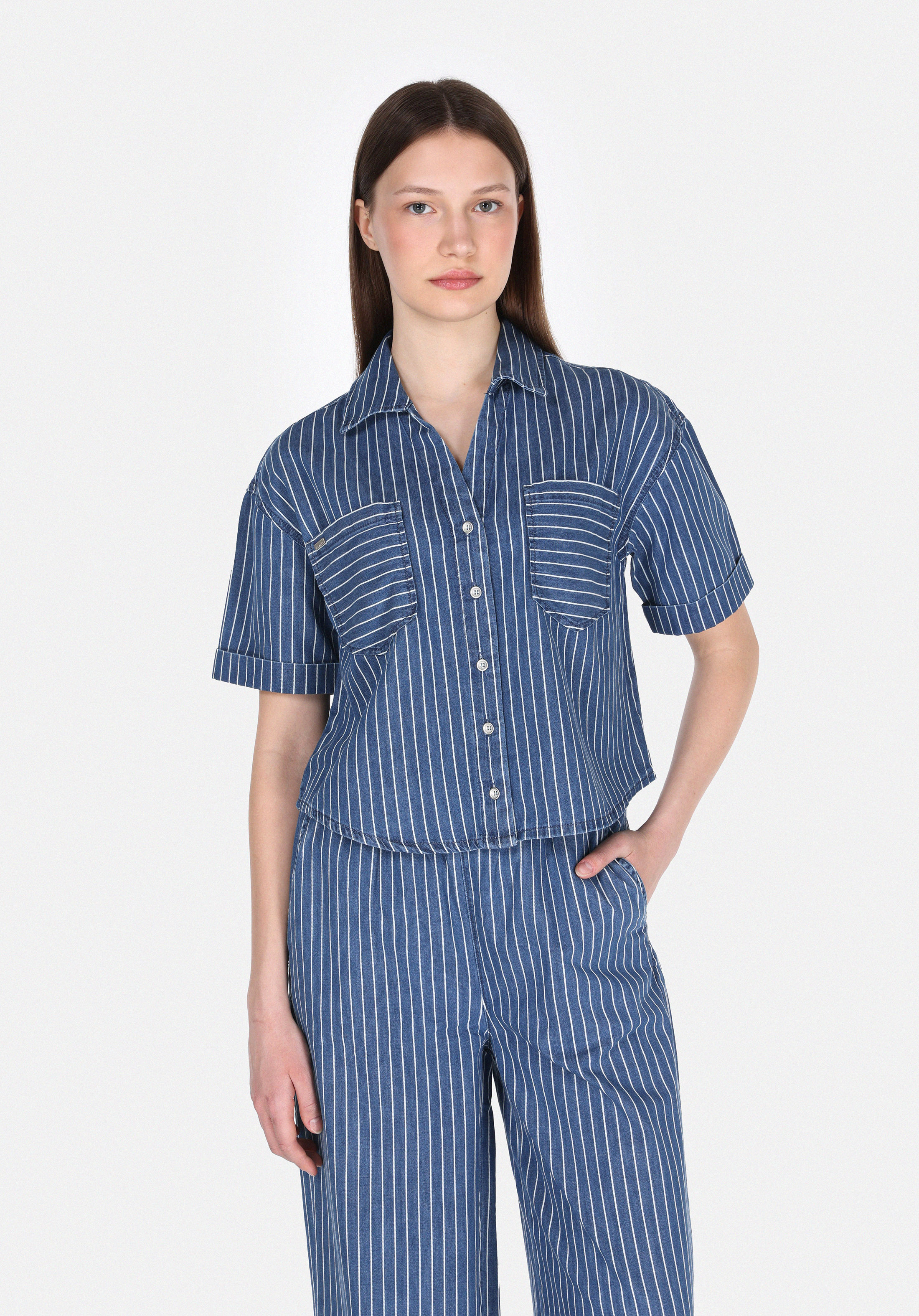 Oversize Fit Klasik Bedenli Çizgili Kadın Mavi Kısa Kol Gömlek