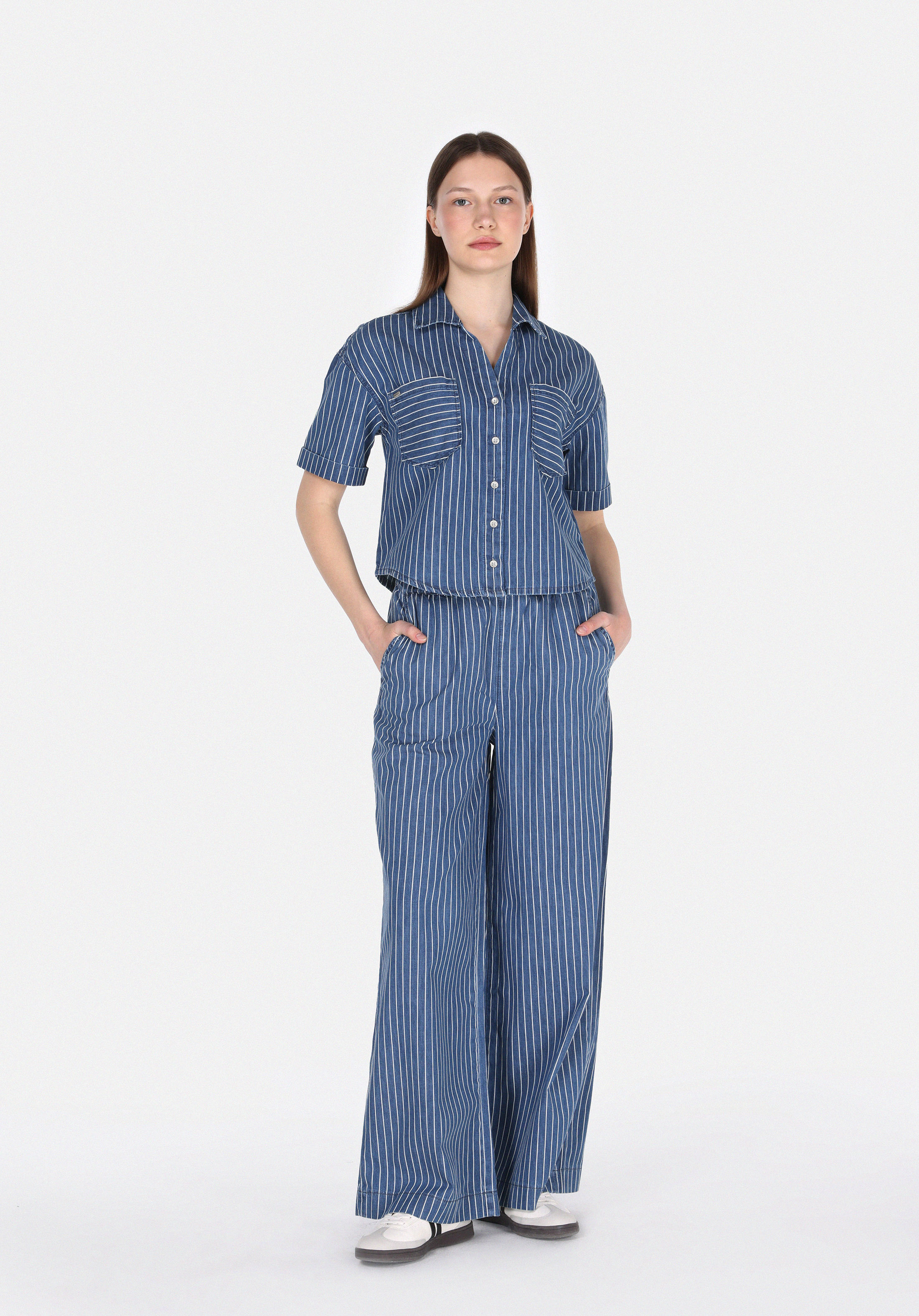 Oversize Fit Klasik Bedenli Çizgili Kadın Mavi Kısa Kol Gömlek
