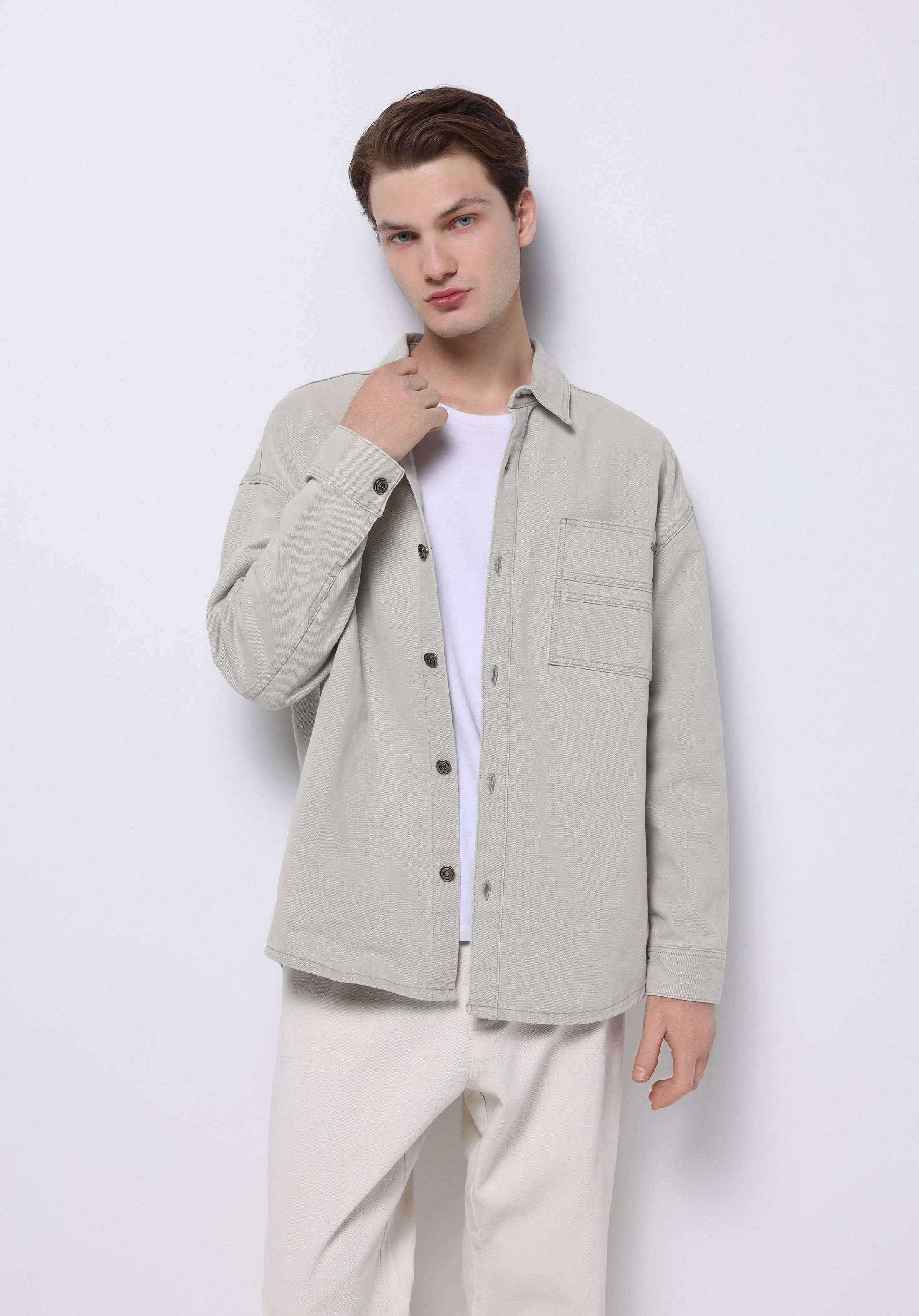 Oversize Fit Klasik Yaka Düz Erkek Bej Uzun Kol Gömlek