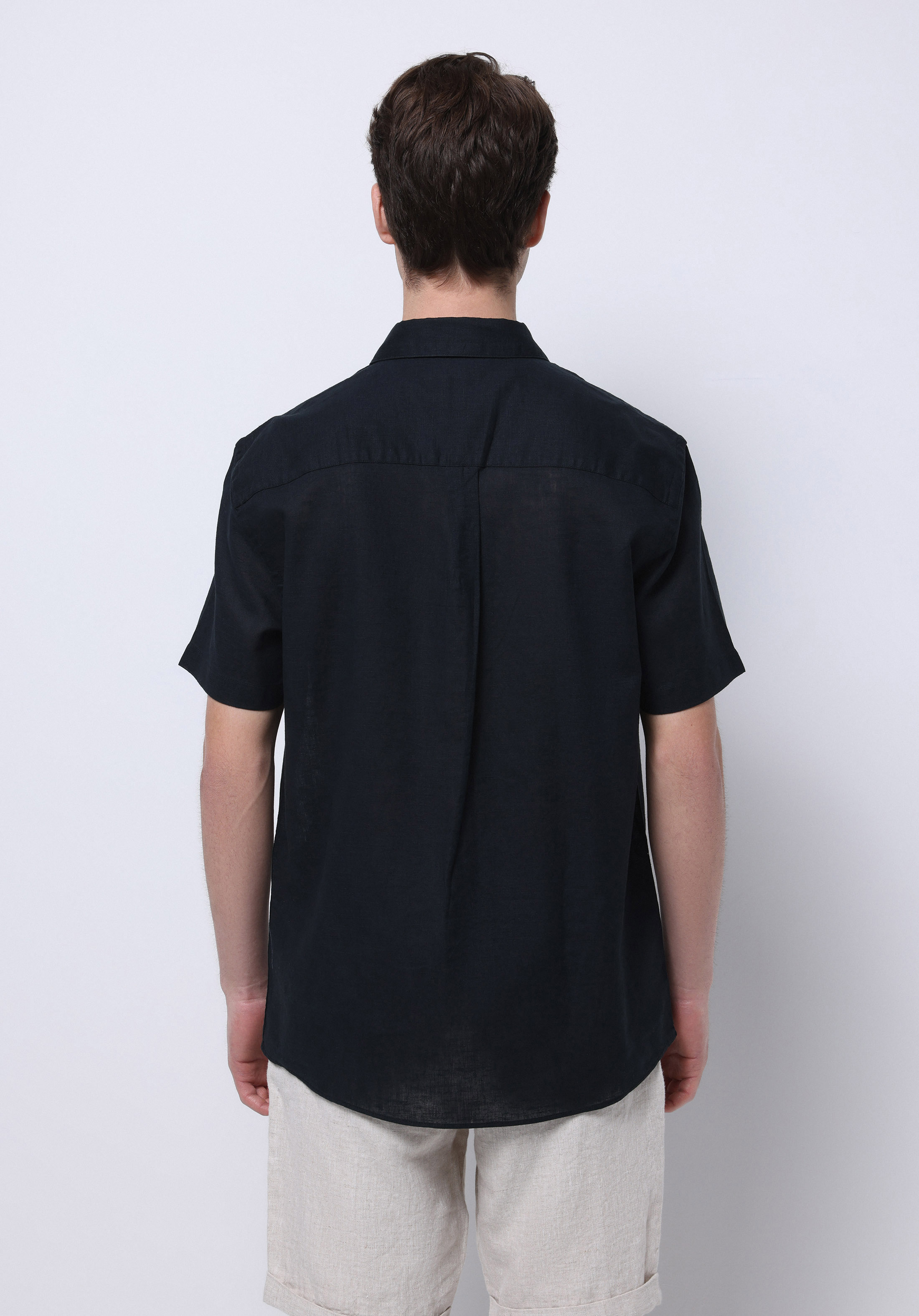 Regular Fit Shirt Neck Düz Erkek Keten Karışımlı Siyah Kısa Kol Gömlek