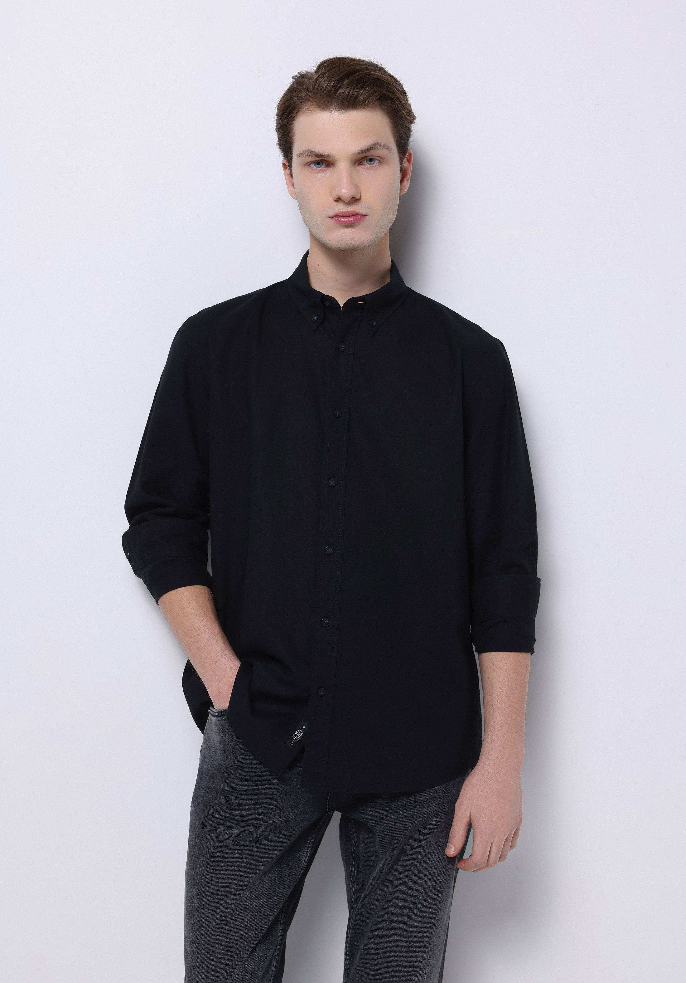 Regular Fit Shirt Neck Düz Erkek Keten Karışımlı Siyah Uzun Kol Gömlek