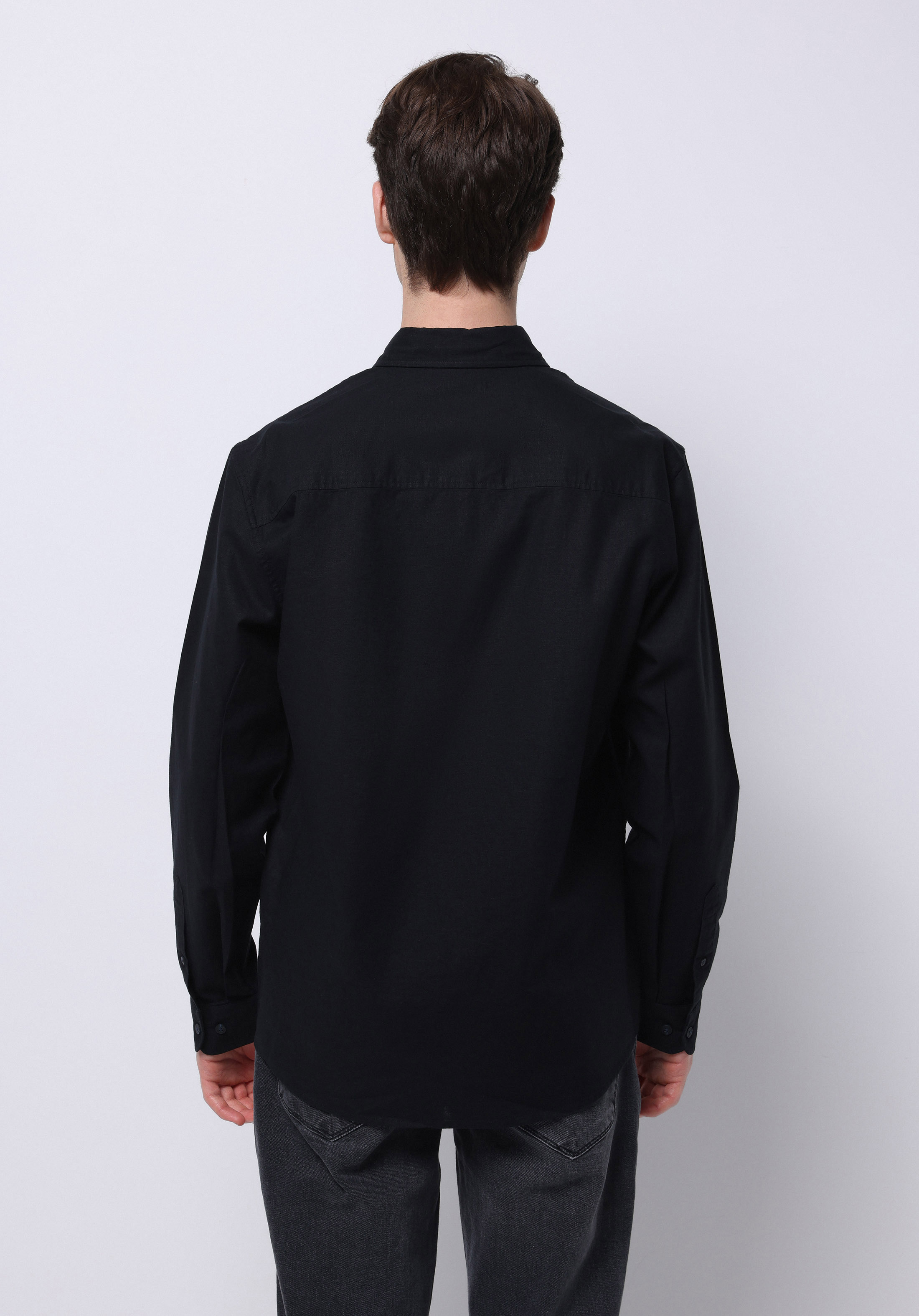 Regular Fit Shirt Neck Düz Erkek Keten Karışımlı Siyah Uzun Kol Gömlek