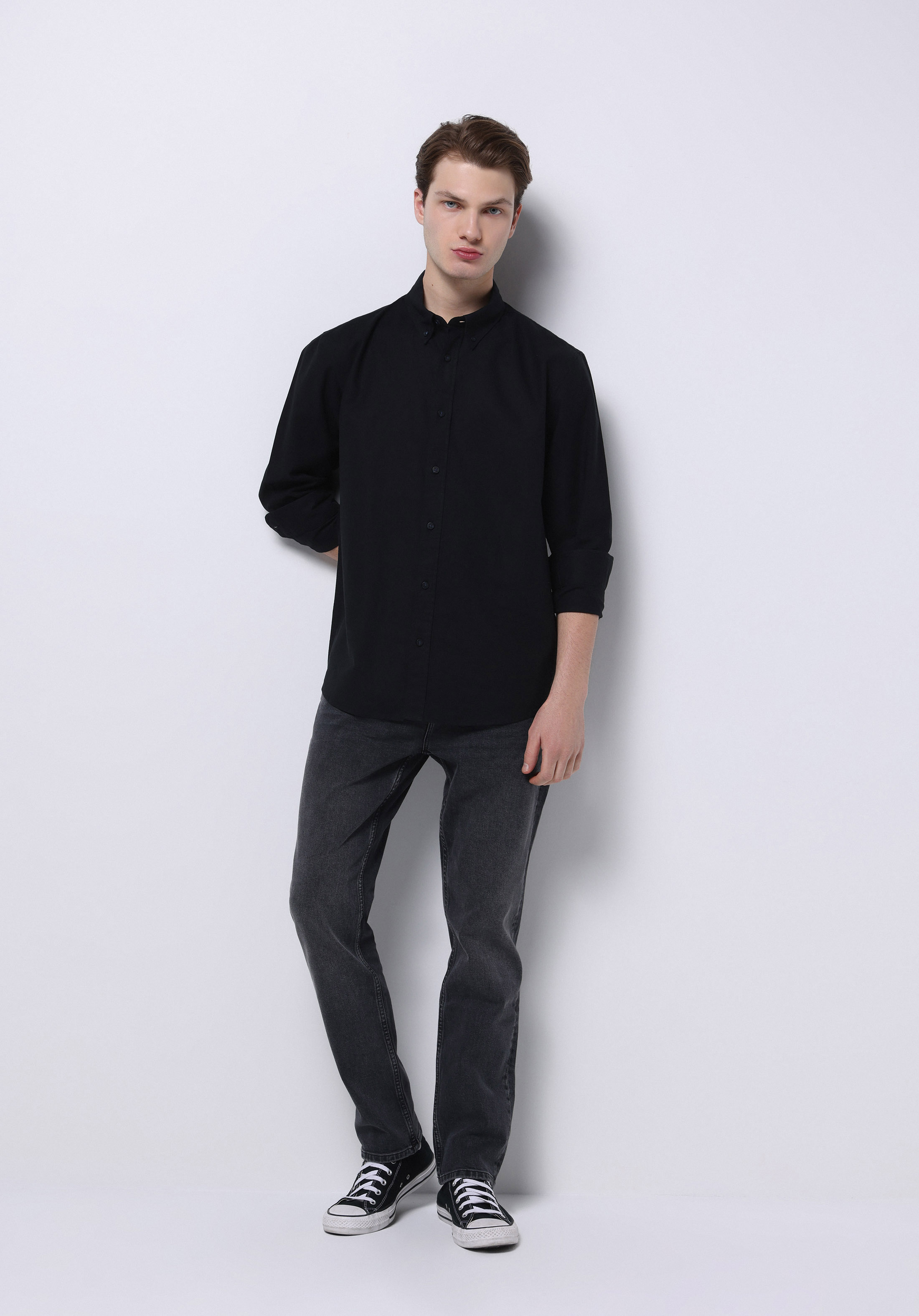 Regular Fit Shirt Neck Düz Erkek Keten Karışımlı Siyah Uzun Kol Gömlek