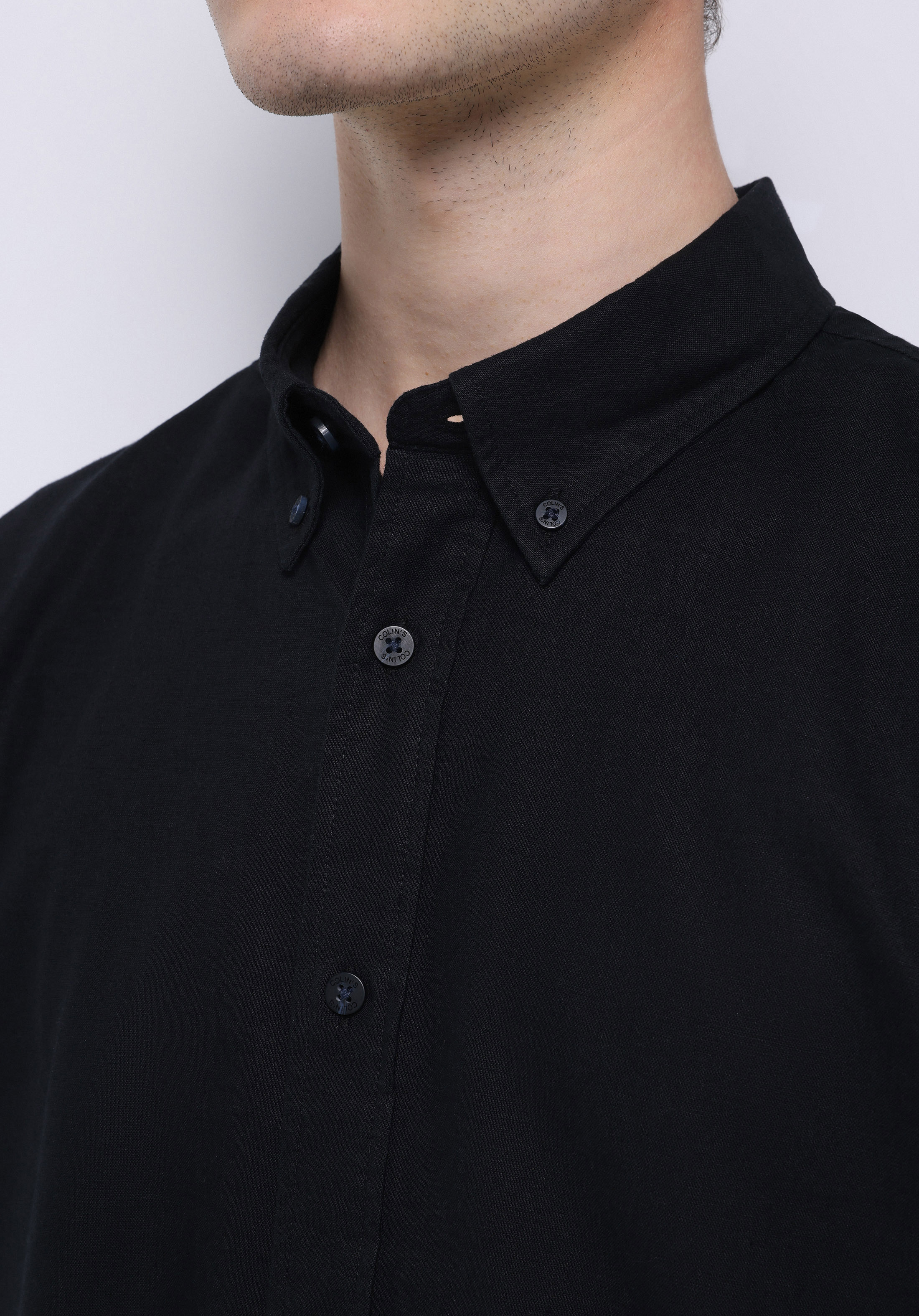 Regular Fit Shirt Neck Düz Erkek Keten Karışımlı Siyah Uzun Kol Gömlek