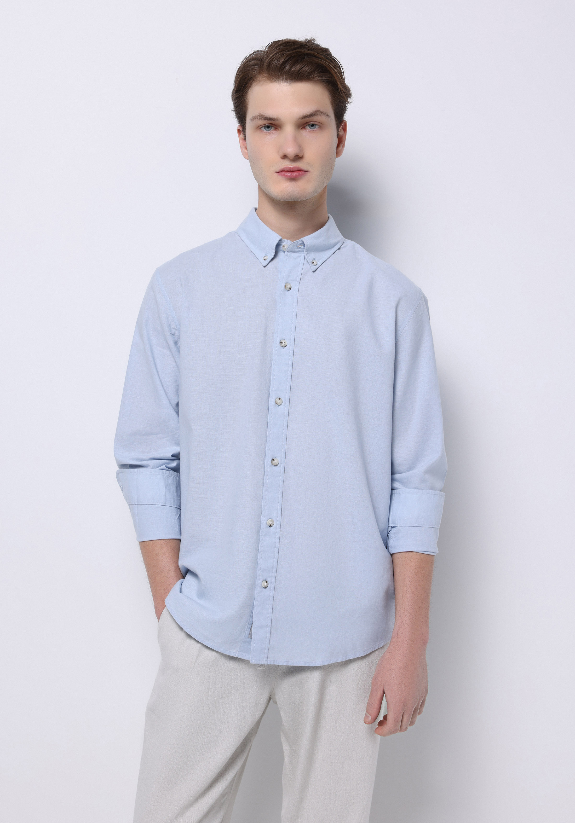 Regular Fit Shirt Neck Düz Erkek Keten Karışımlı Mavi Uzun Kol Gömlek
