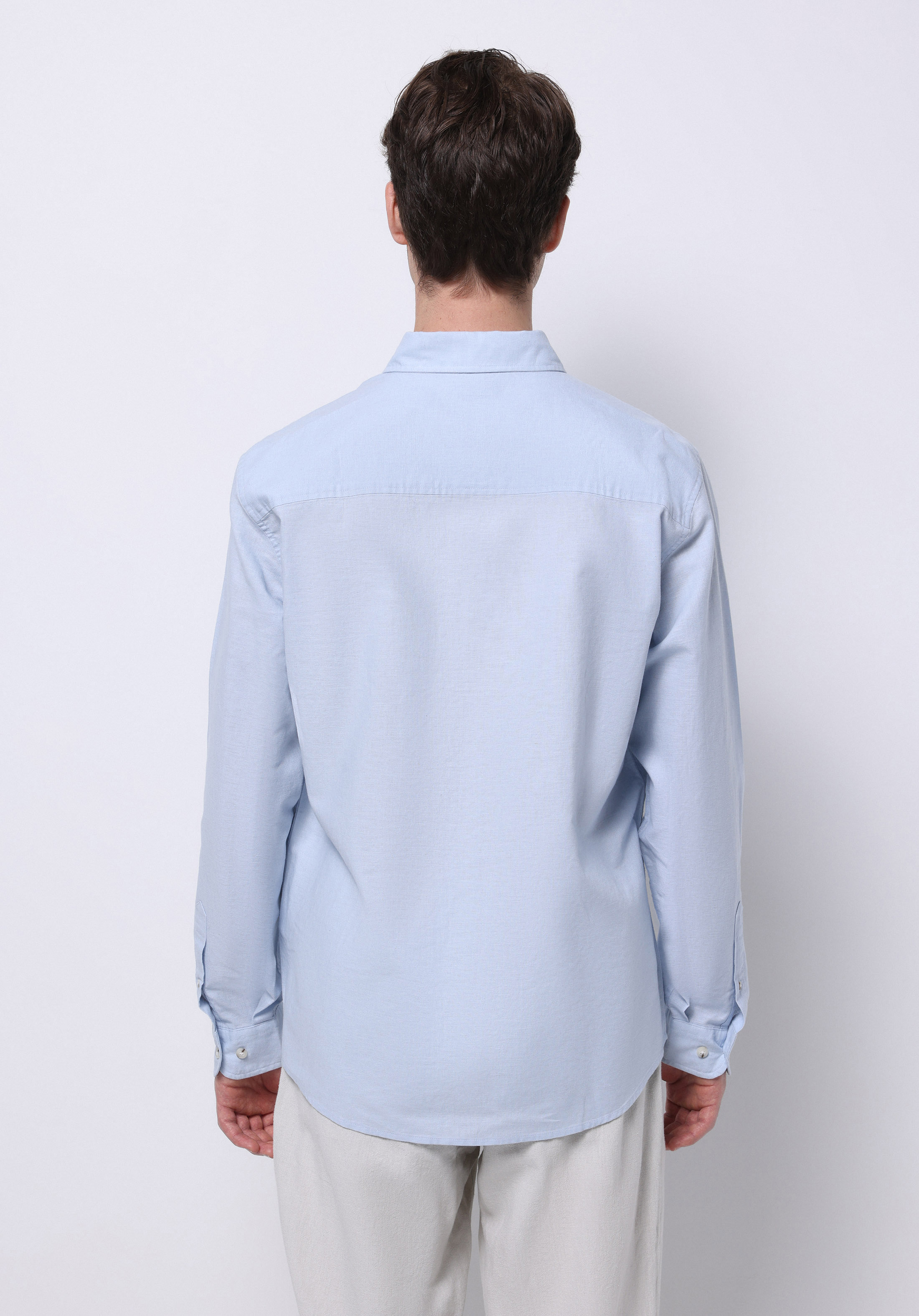 Regular Fit Shirt Neck Düz Erkek Keten Karışımlı Mavi Uzun Kol Gömlek