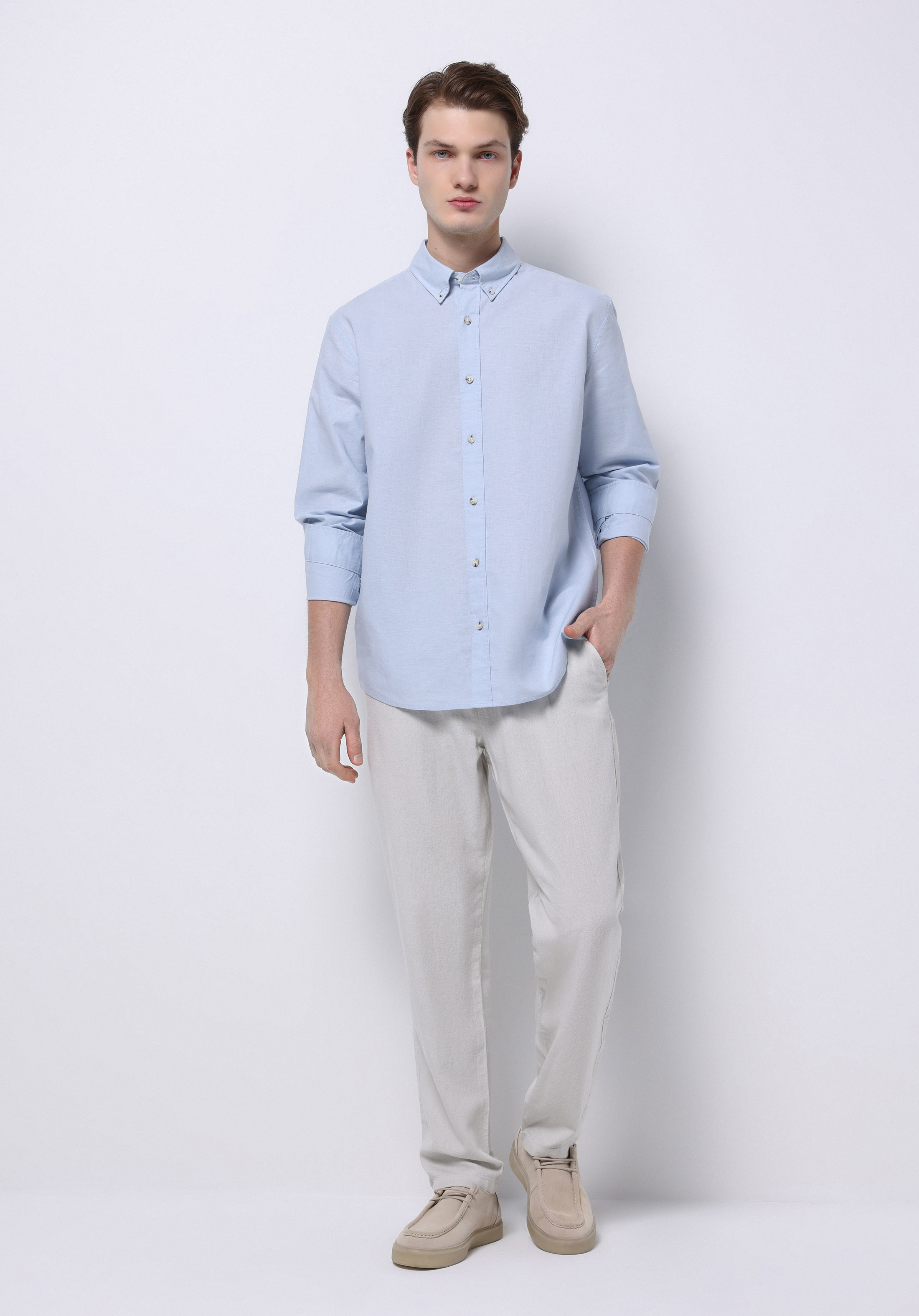 Regular Fit Shirt Neck Düz Erkek Keten Karışımlı Mavi Uzun Kol Gömlek