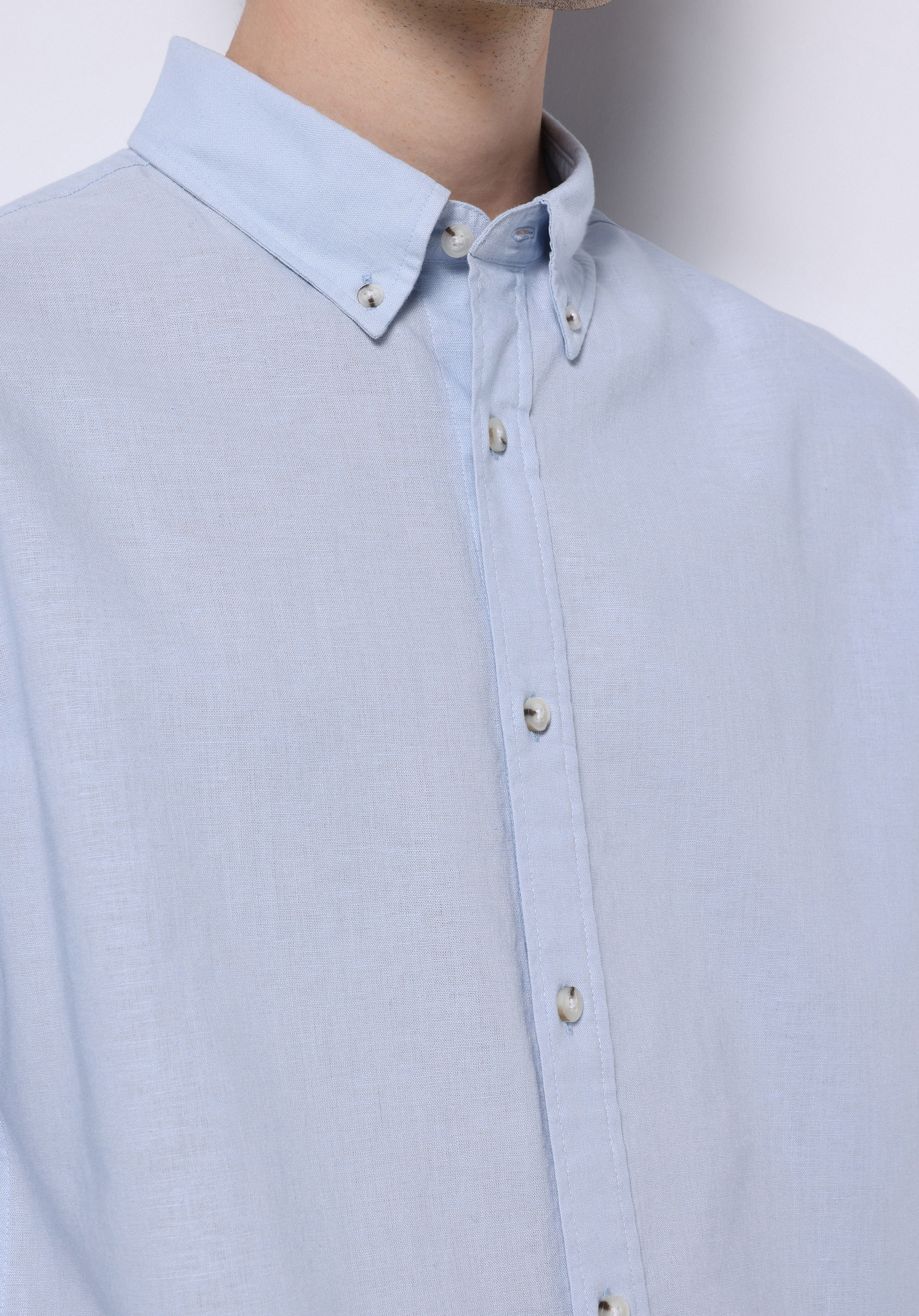 Regular Fit Shirt Neck Düz Erkek Keten Karışımlı Mavi Uzun Kol Gömlek