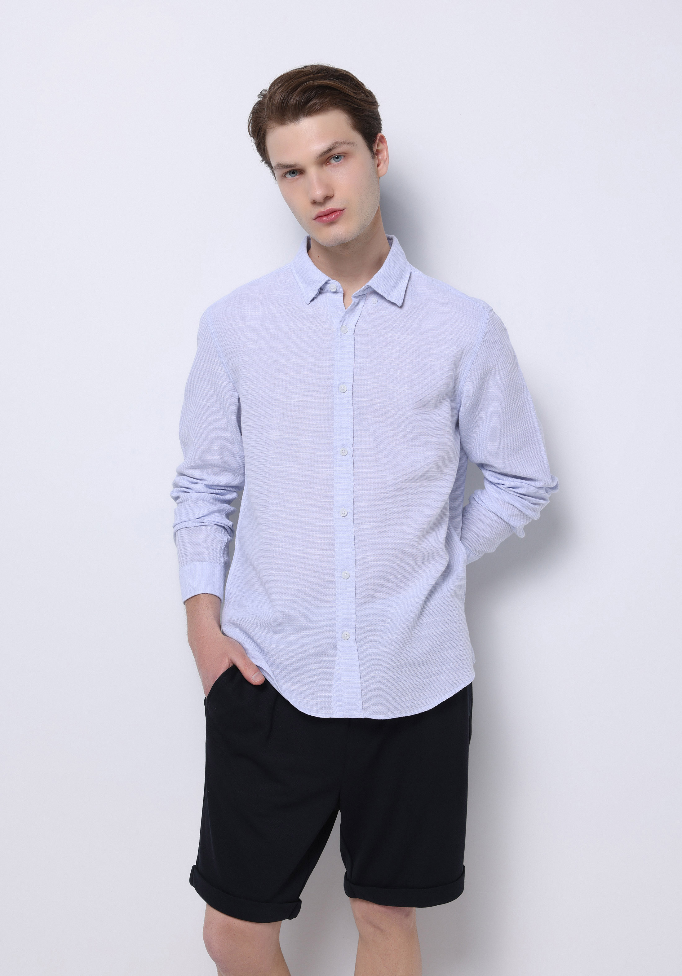 Slim Fit Shirt Neck Düz Erkek Mavi Uzun Kol Gömlek