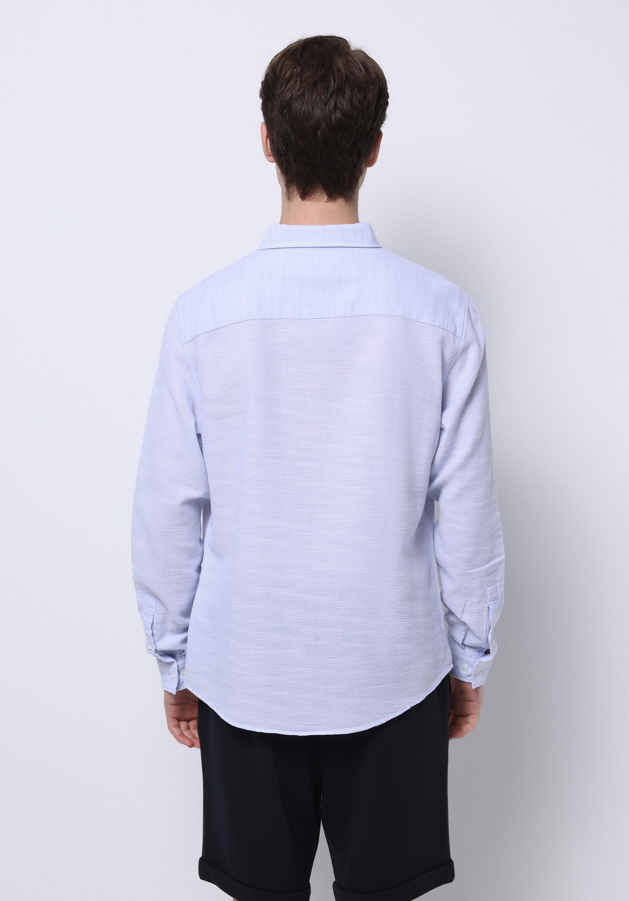 Slim Fit Shirt Neck Düz Erkek Mavi Uzun Kol Gömlek