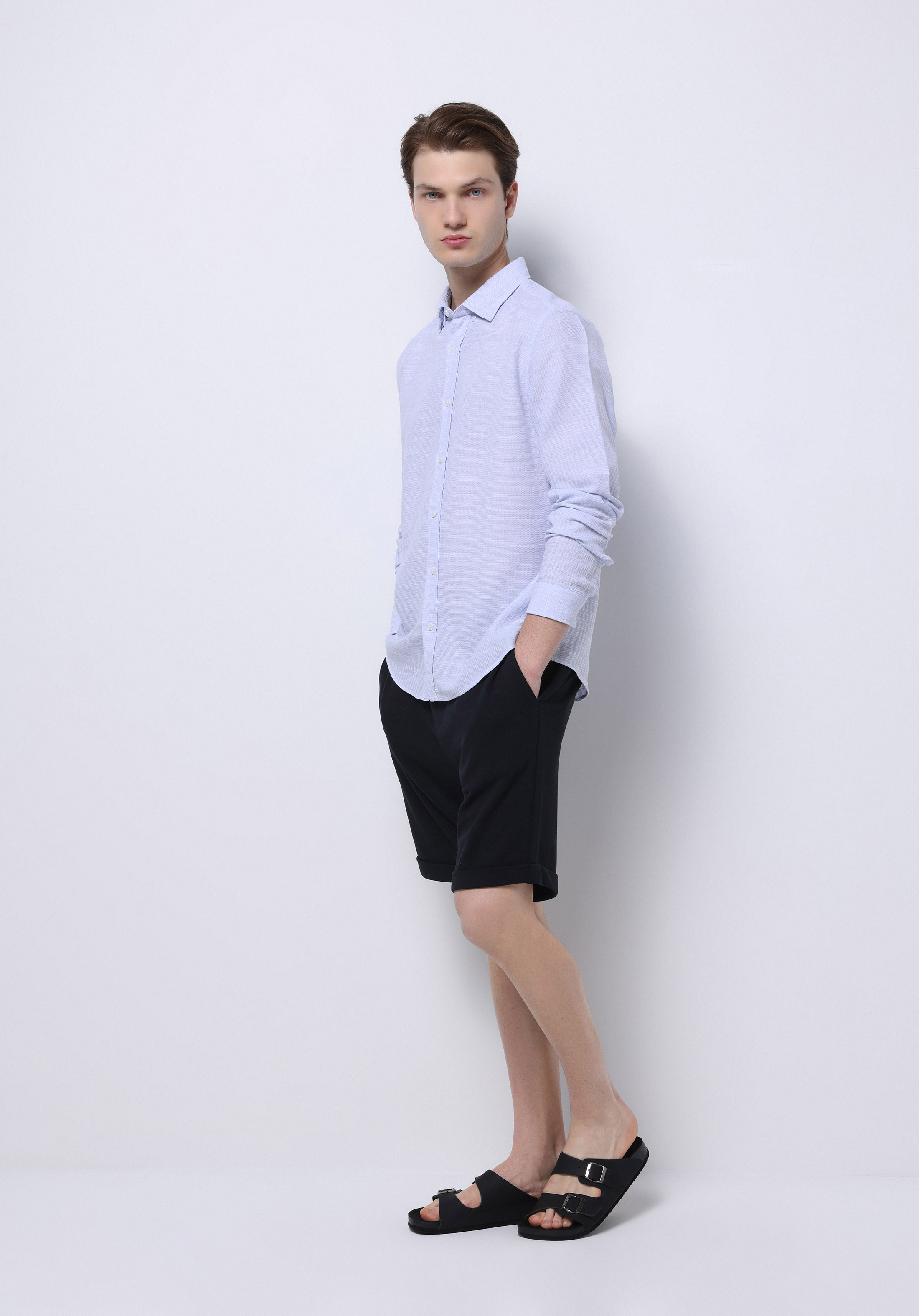 Slim Fit Shirt Neck Düz Erkek Mavi Uzun Kol Gömlek