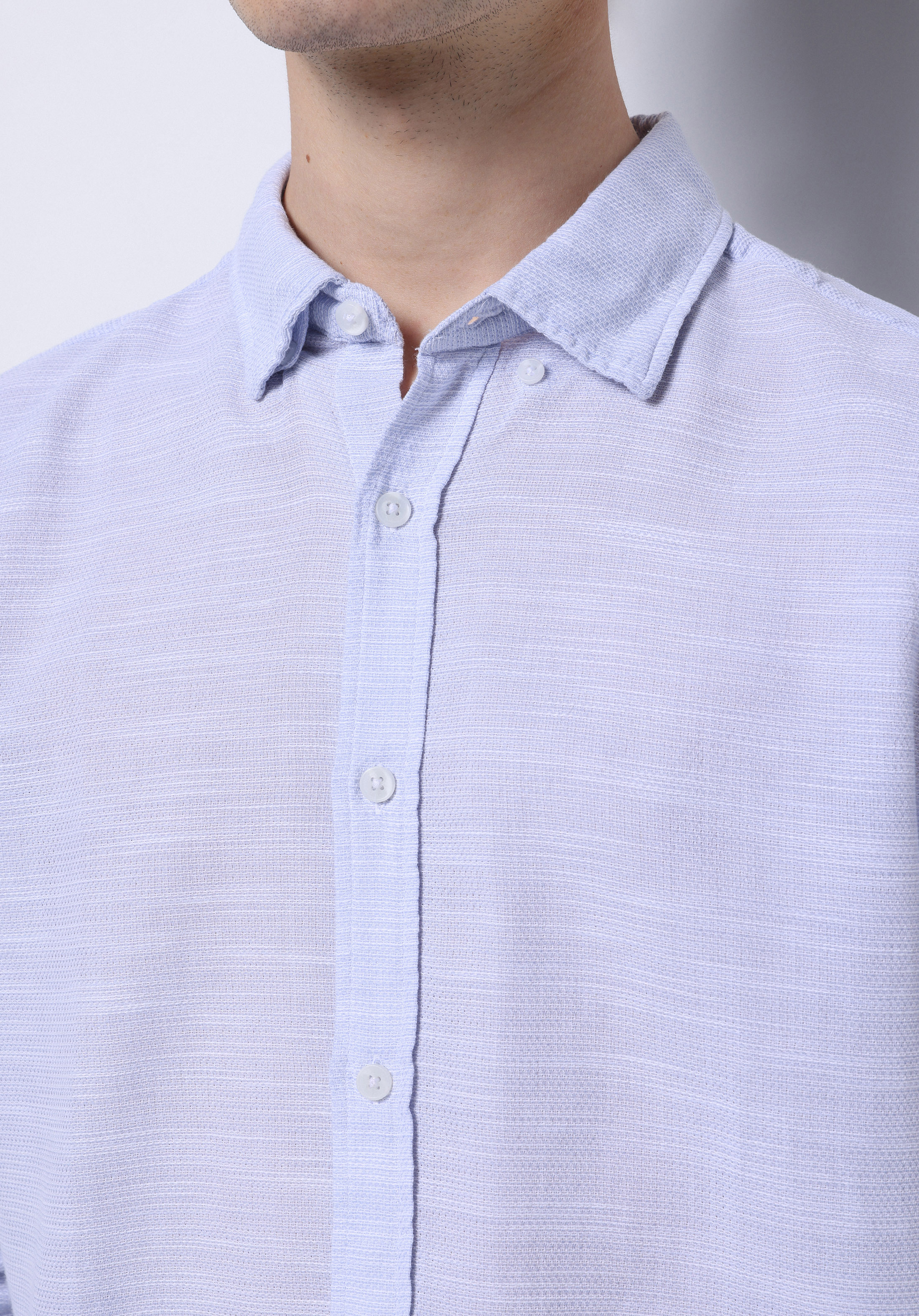 Slim Fit Shirt Neck Düz Erkek Mavi Uzun Kol Gömlek