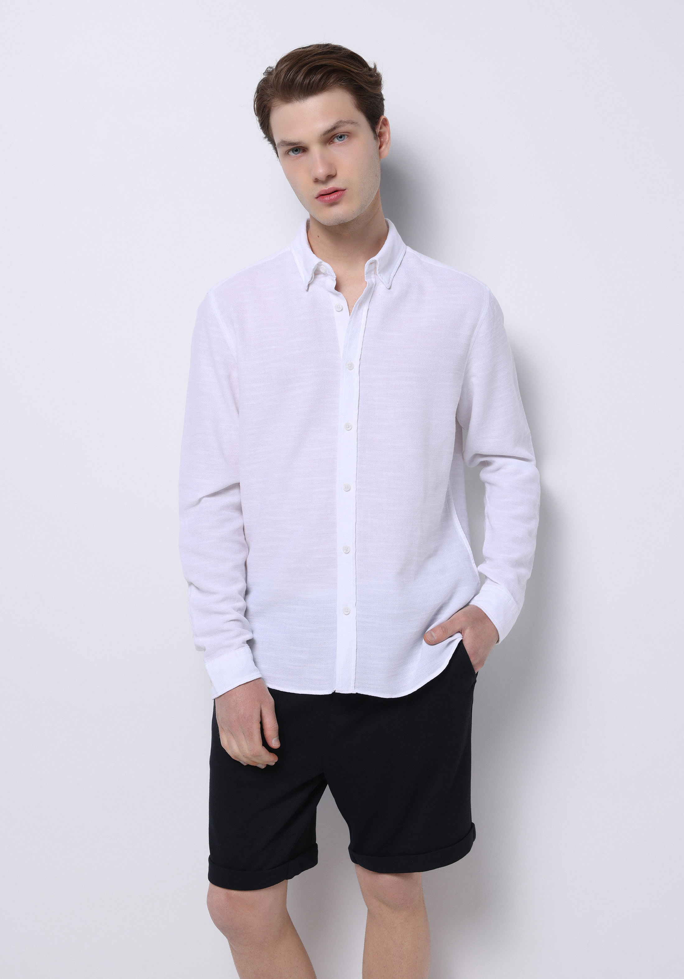 Slim Fit Shirt Neck Düz Erkek Beyaz Uzun Kol Gömlek