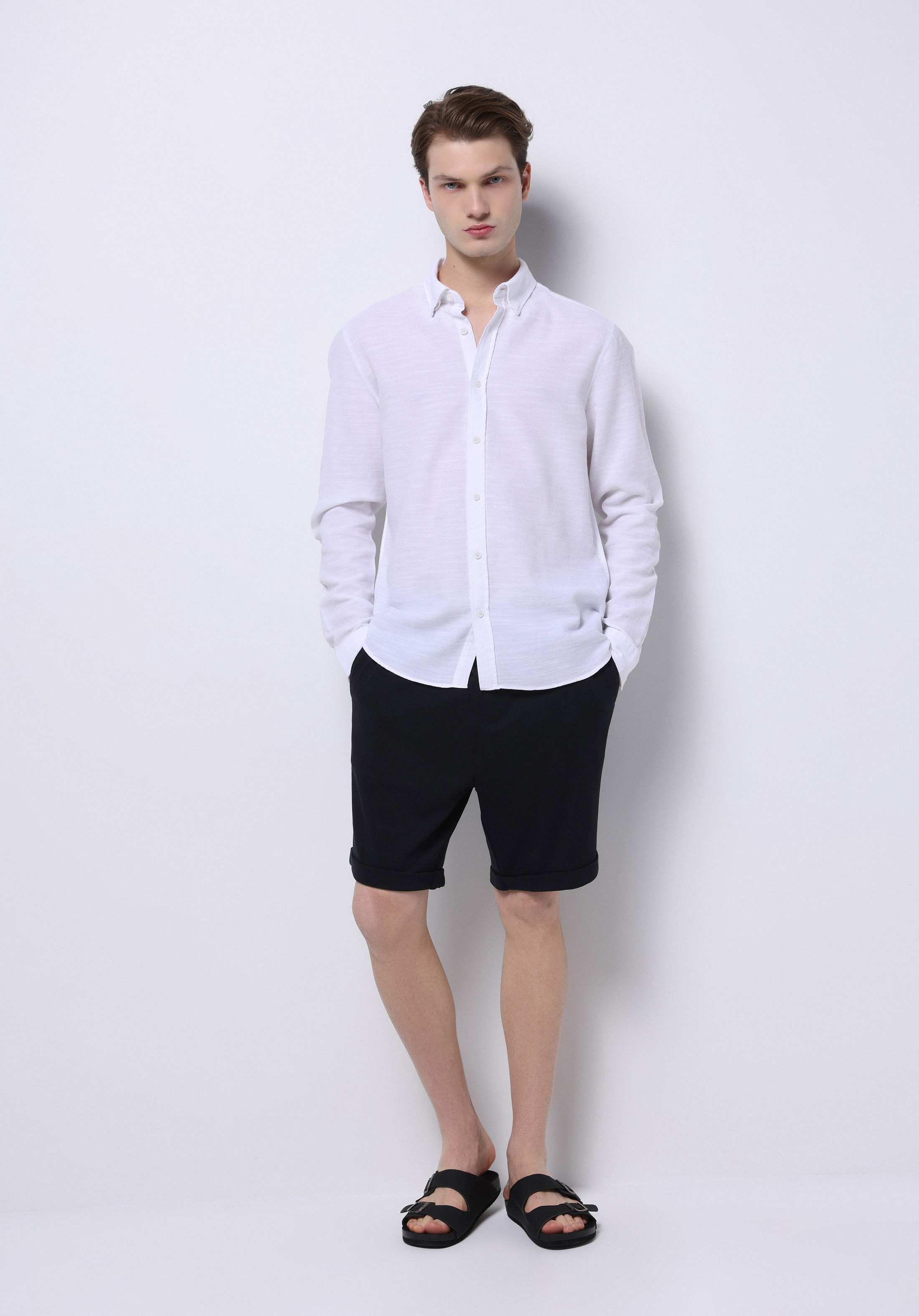 Slim Fit Shirt Neck Düz Erkek Beyaz Uzun Kol Gömlek